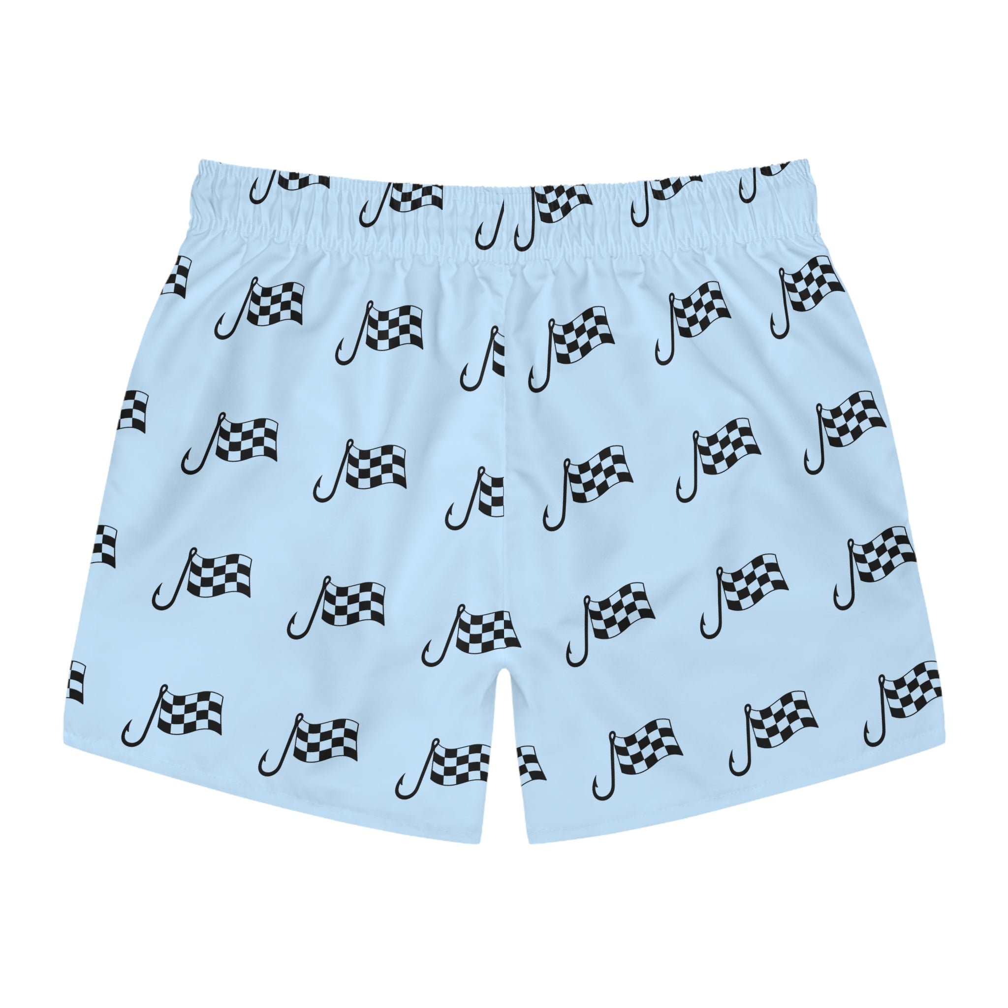 Checkered Flag Swim Trunks — Light Blue Racing Pattern