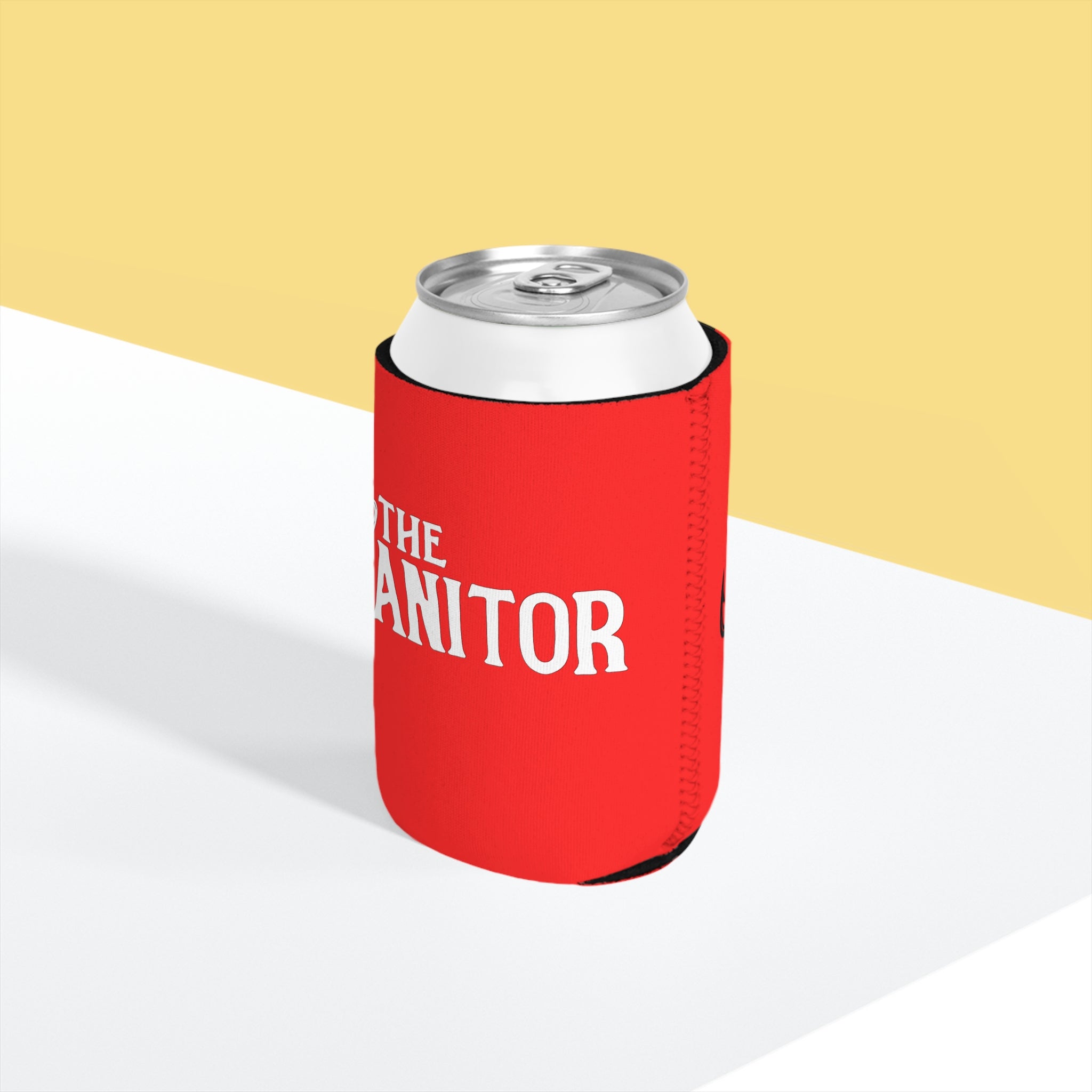 The Janitor Can Cooler Sleeve — Funny Red Beverage Koozie for Janitors, Gifts for Maintenance Workers