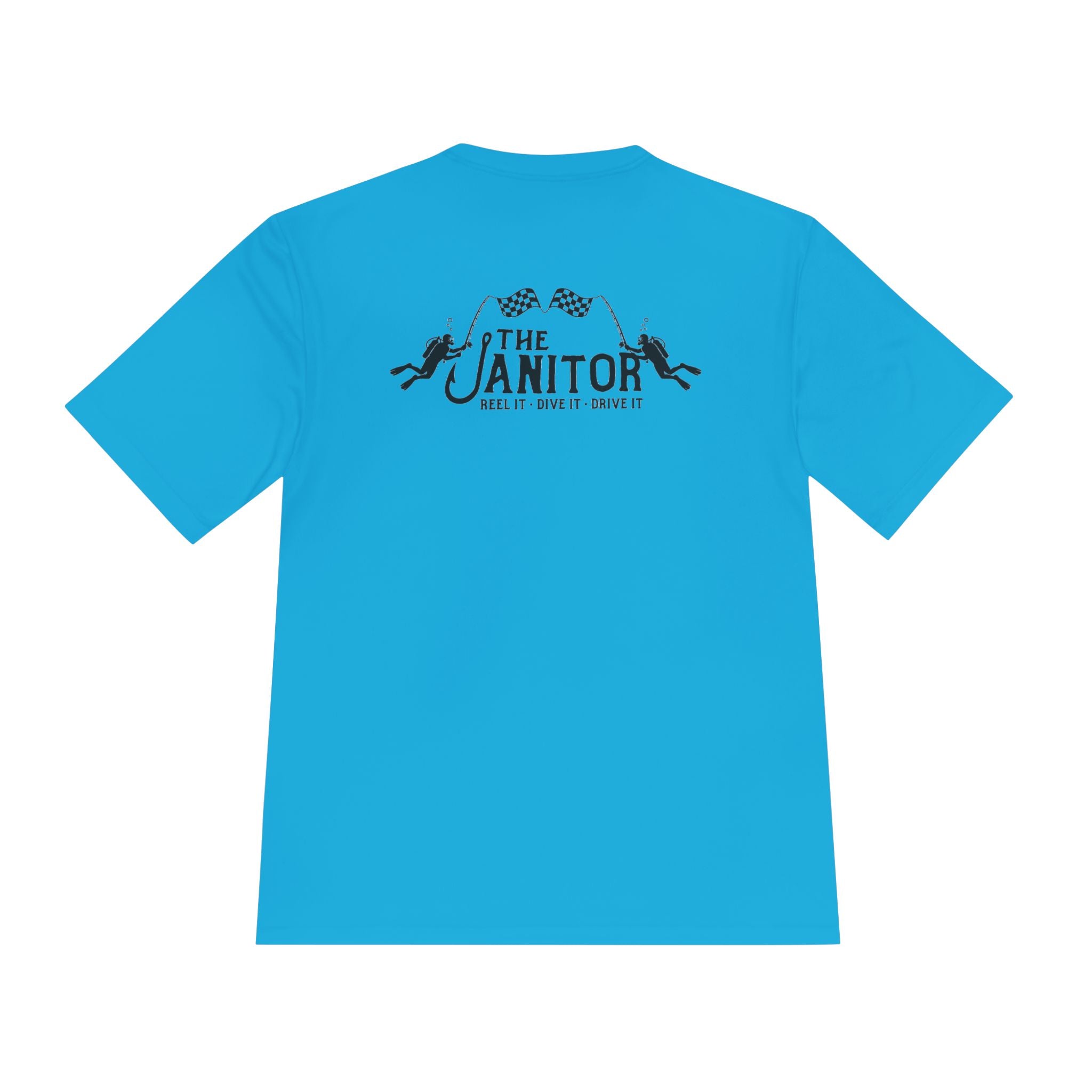 Racing Janitor Tee — "The Janitor" Moisture‑Wicking Crew Shirt with Checkered Flags
