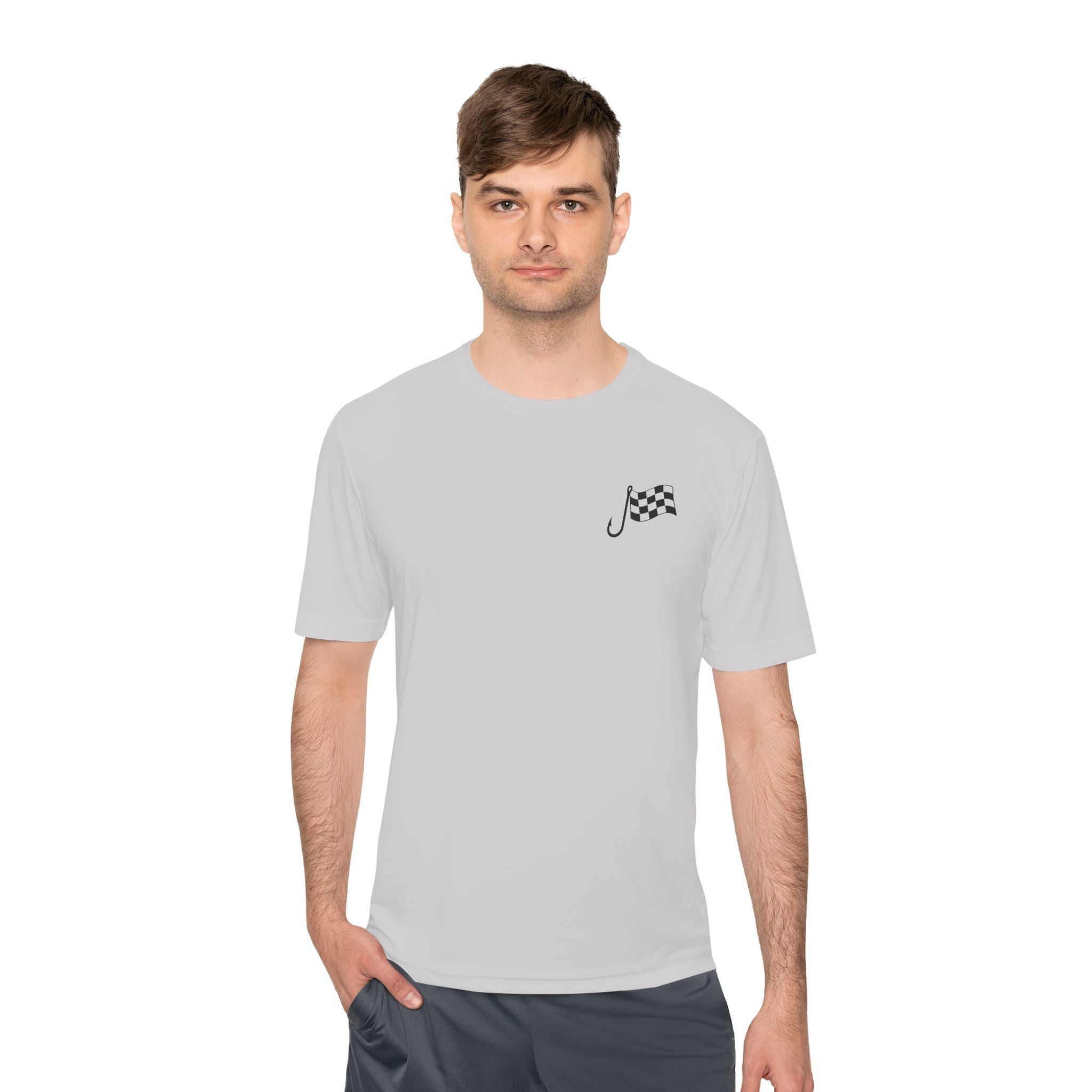 Racing Janitor Tee — "The Janitor" Moisture‑Wicking Crew Shirt with Checkered Flags