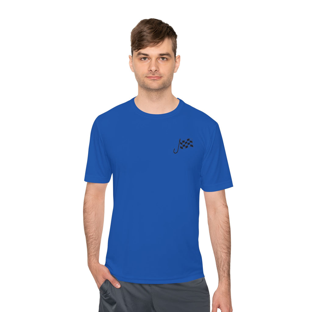 Racing Janitor Tee — "The Janitor" Moisture‑Wicking Crew Shirt with Checkered Flags