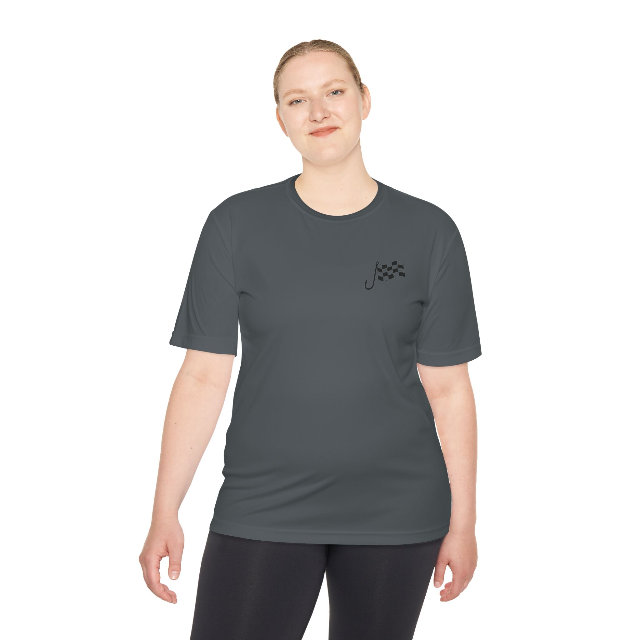 Racing Janitor Tee — "The Janitor" Moisture‑Wicking Crew Shirt with Checkered Flags