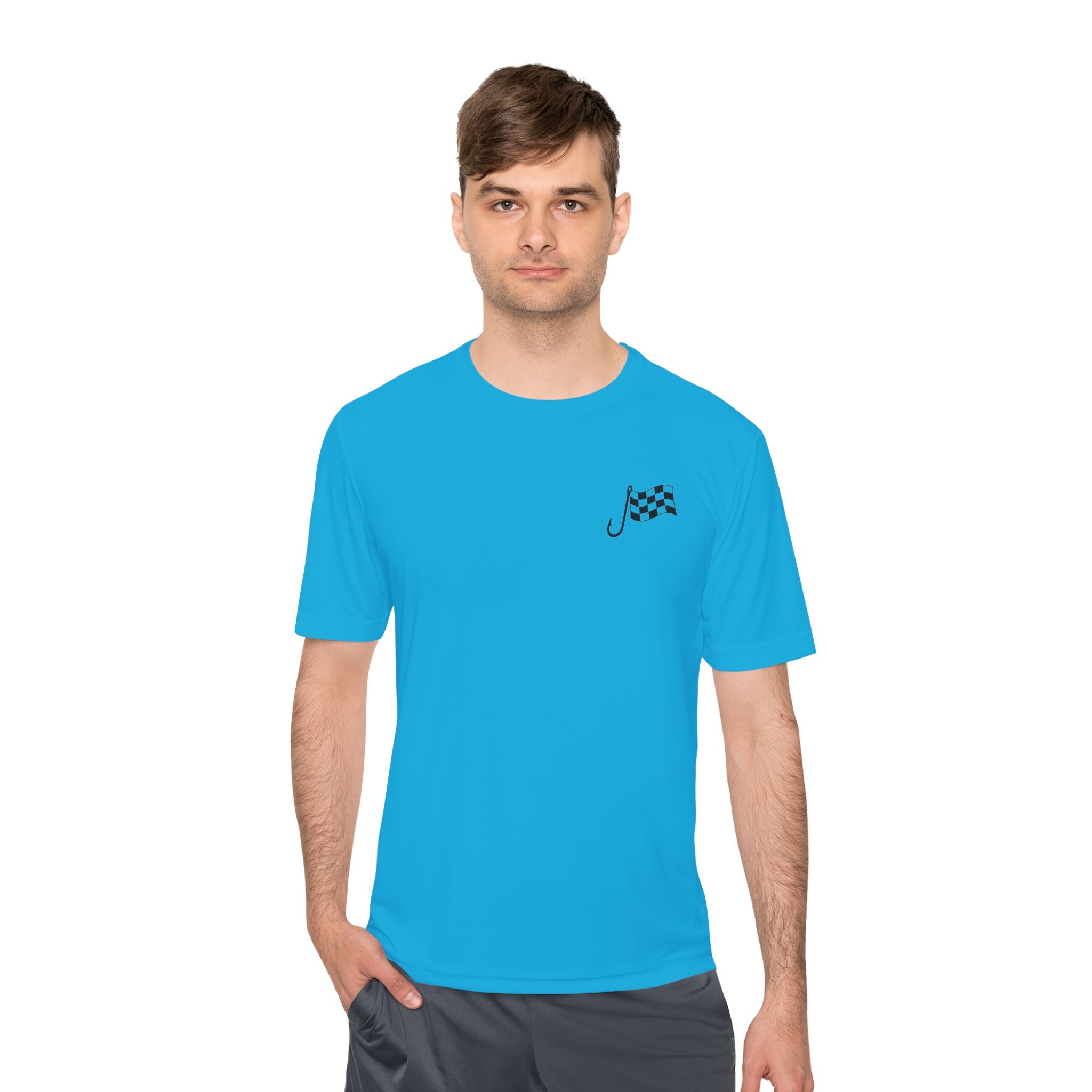 Racing Janitor Tee — "The Janitor" Moisture‑Wicking Crew Shirt with Checkered Flags