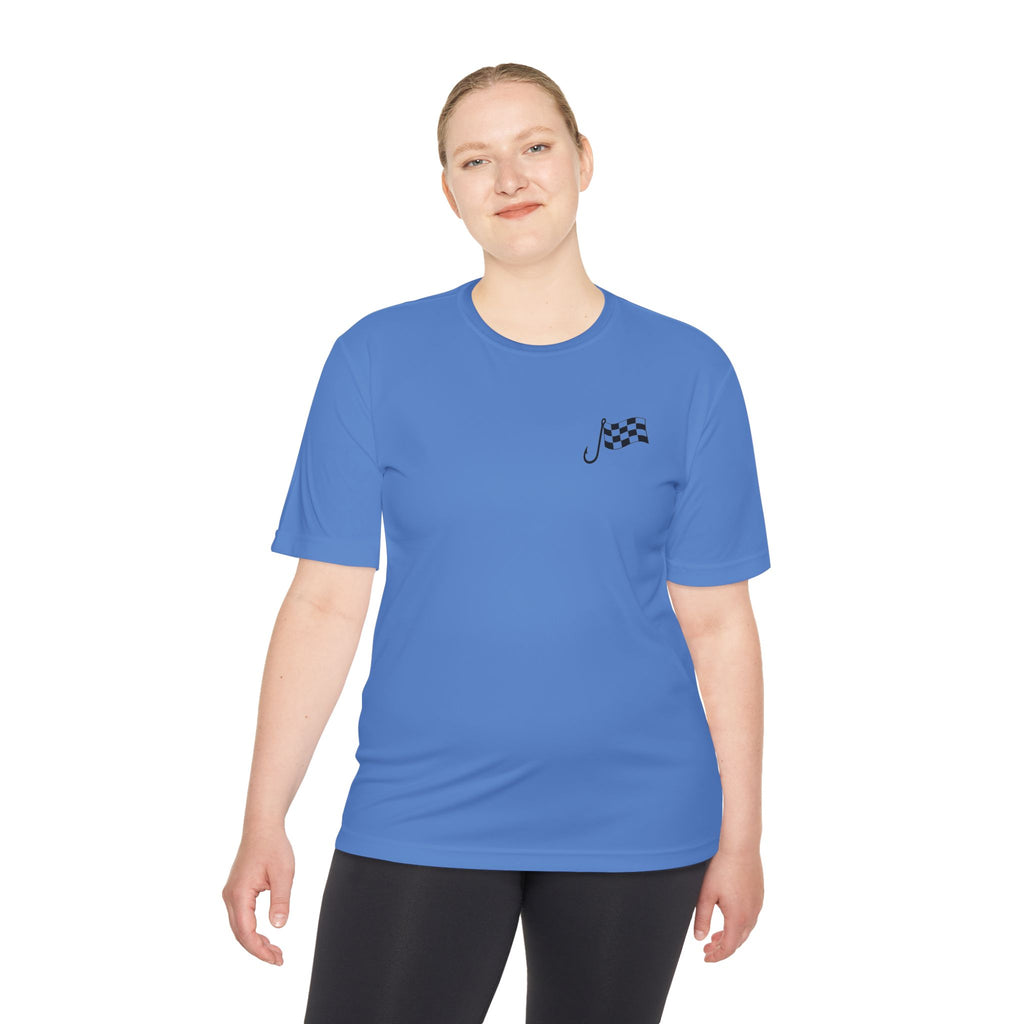 Racing Janitor Tee — "The Janitor" Moisture‑Wicking Crew Shirt with Checkered Flags