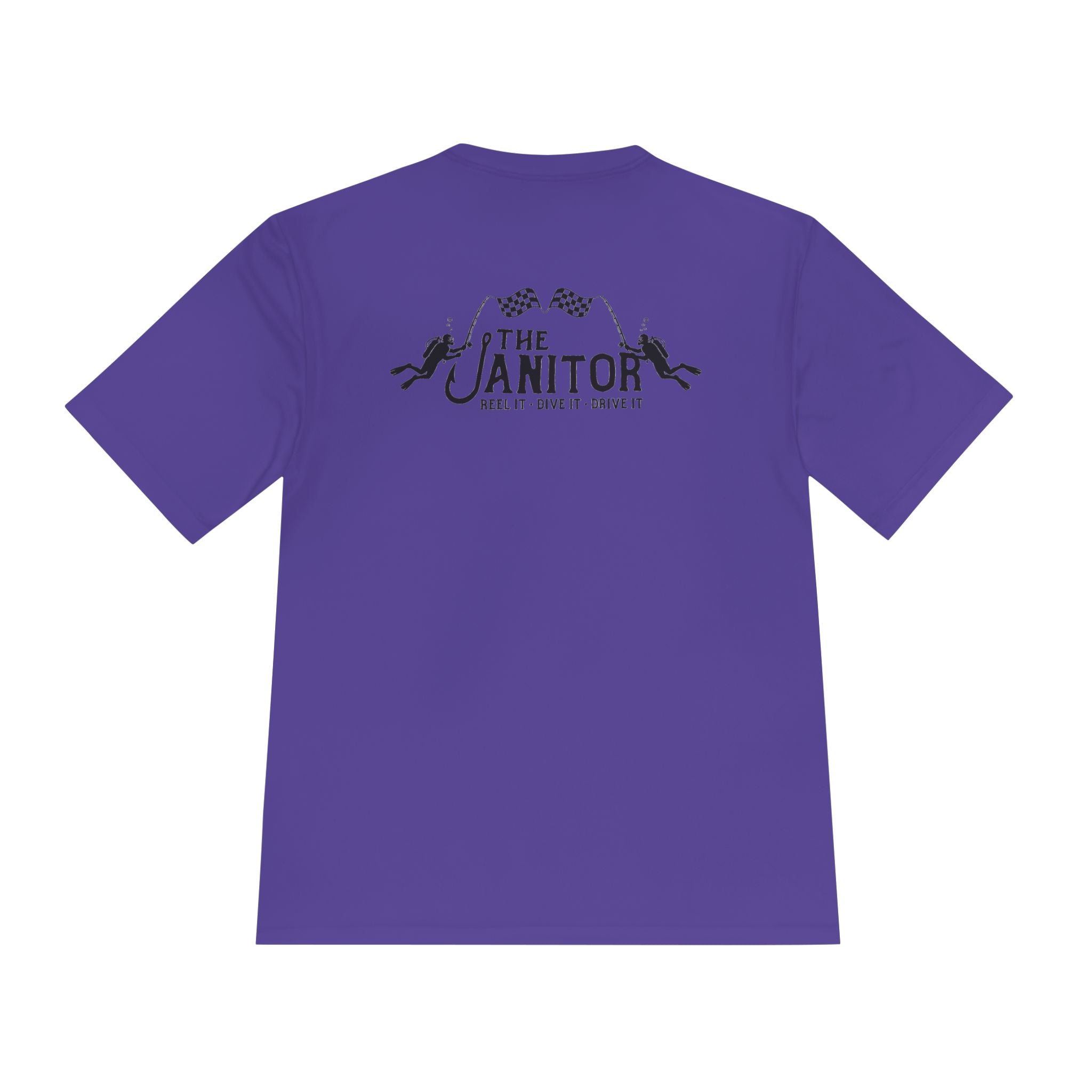 Racing Janitor Tee — "The Janitor" Moisture‑Wicking Crew Shirt with Checkered Flags
