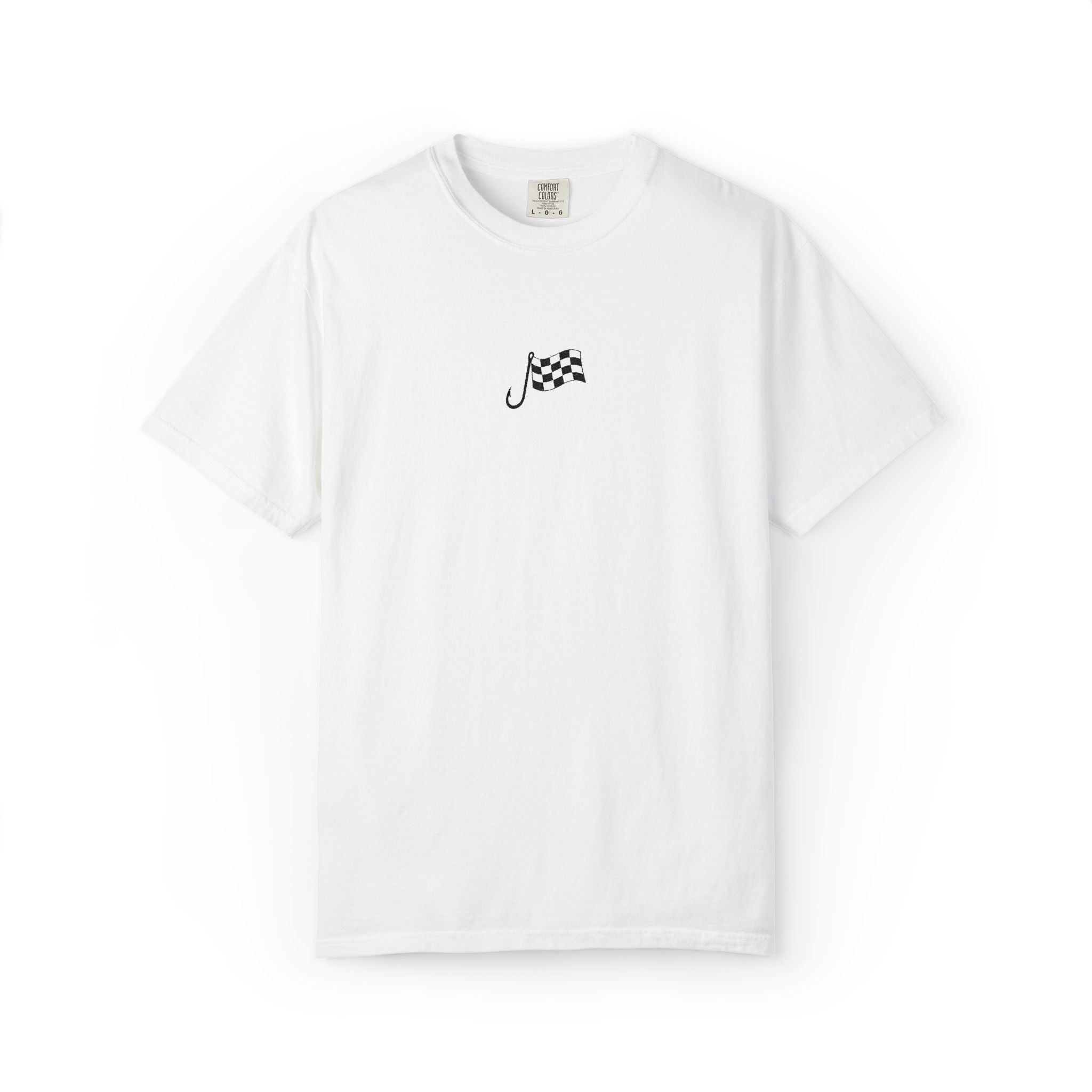 Racing Flag Minimalist T-Shirt — Small Chest Checkered Flag Graphic