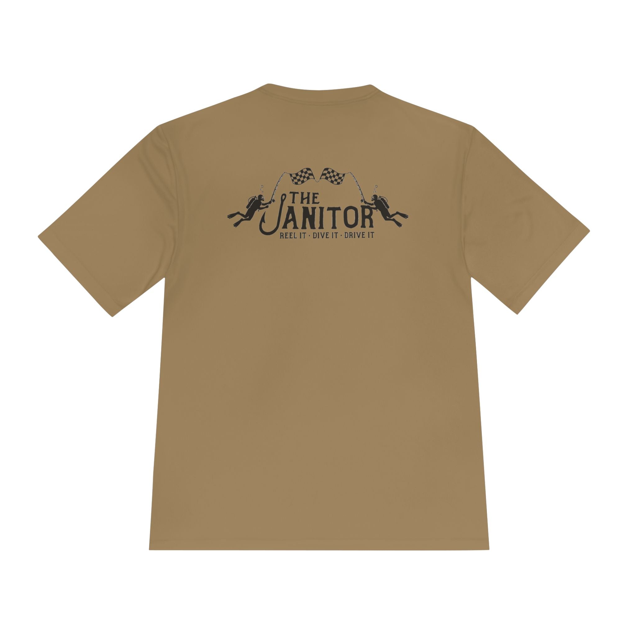 Racing Janitor Tee — "The Janitor" Moisture‑Wicking Crew Shirt with Checkered Flags