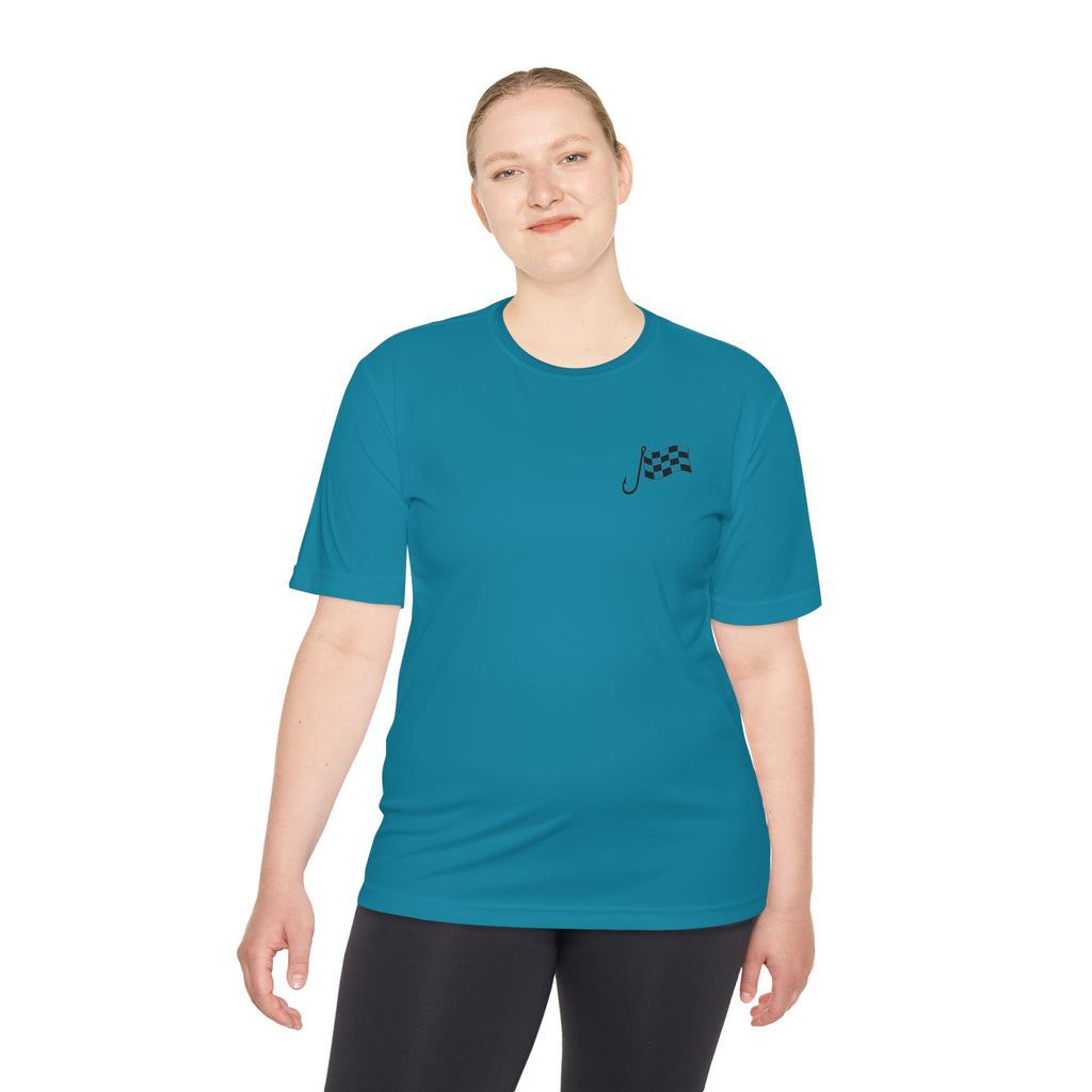 Racing Janitor Tee — "The Janitor" Moisture‑Wicking Crew Shirt with Checkered Flags