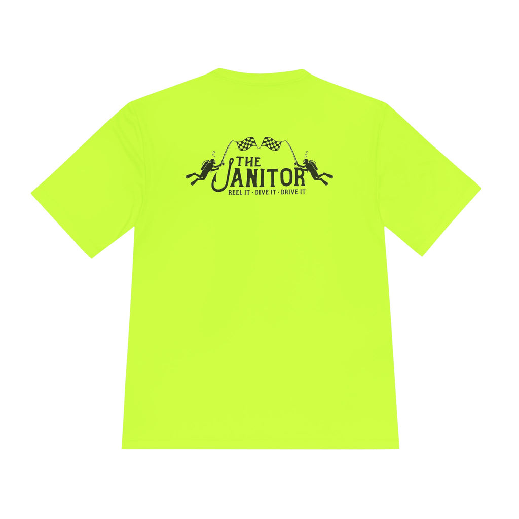 Racing Janitor Tee — "The Janitor" Moisture‑Wicking Crew Shirt with Checkered Flags