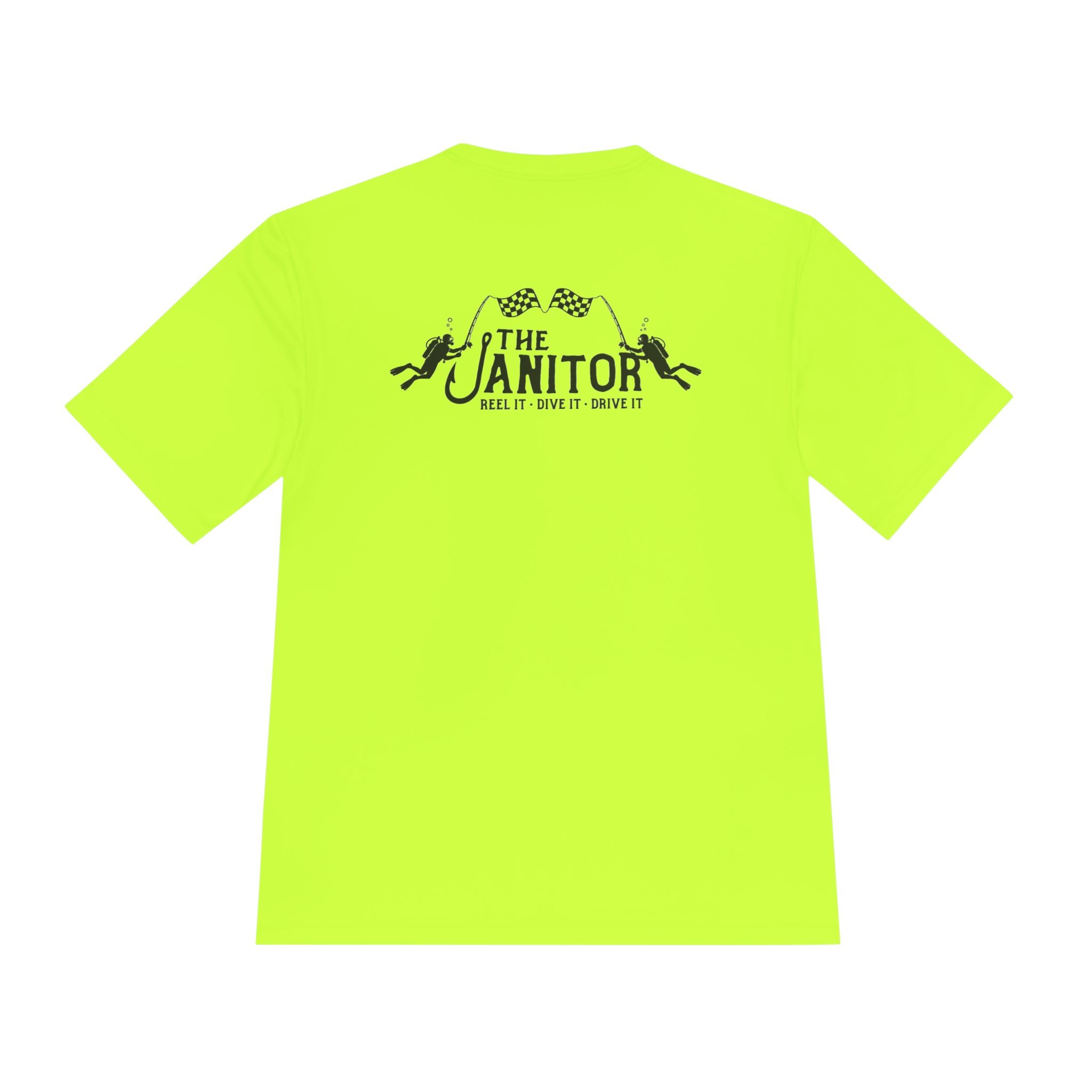 Racing Janitor Tee — "The Janitor" Moisture‑Wicking Crew Shirt with Checkered Flags