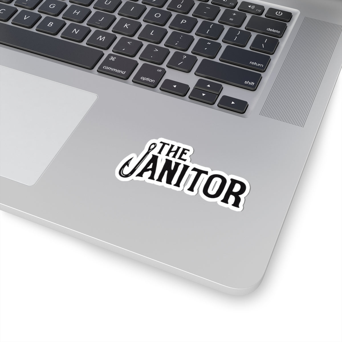 Sticker — "The Janitor" Script Logo Kiss-Cut Sticker (Fishing Hook Accent)