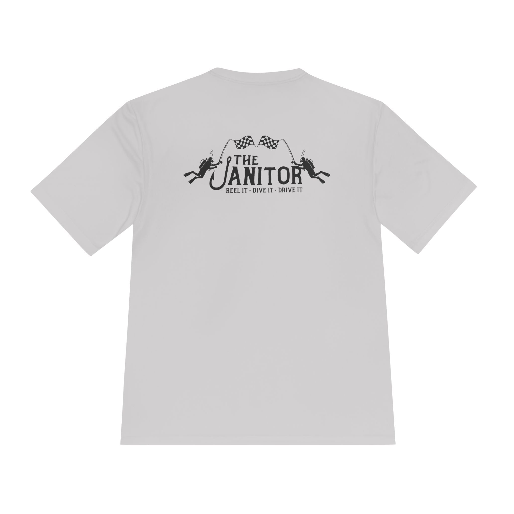 Racing Janitor Tee — "The Janitor" Moisture‑Wicking Crew Shirt with Checkered Flags