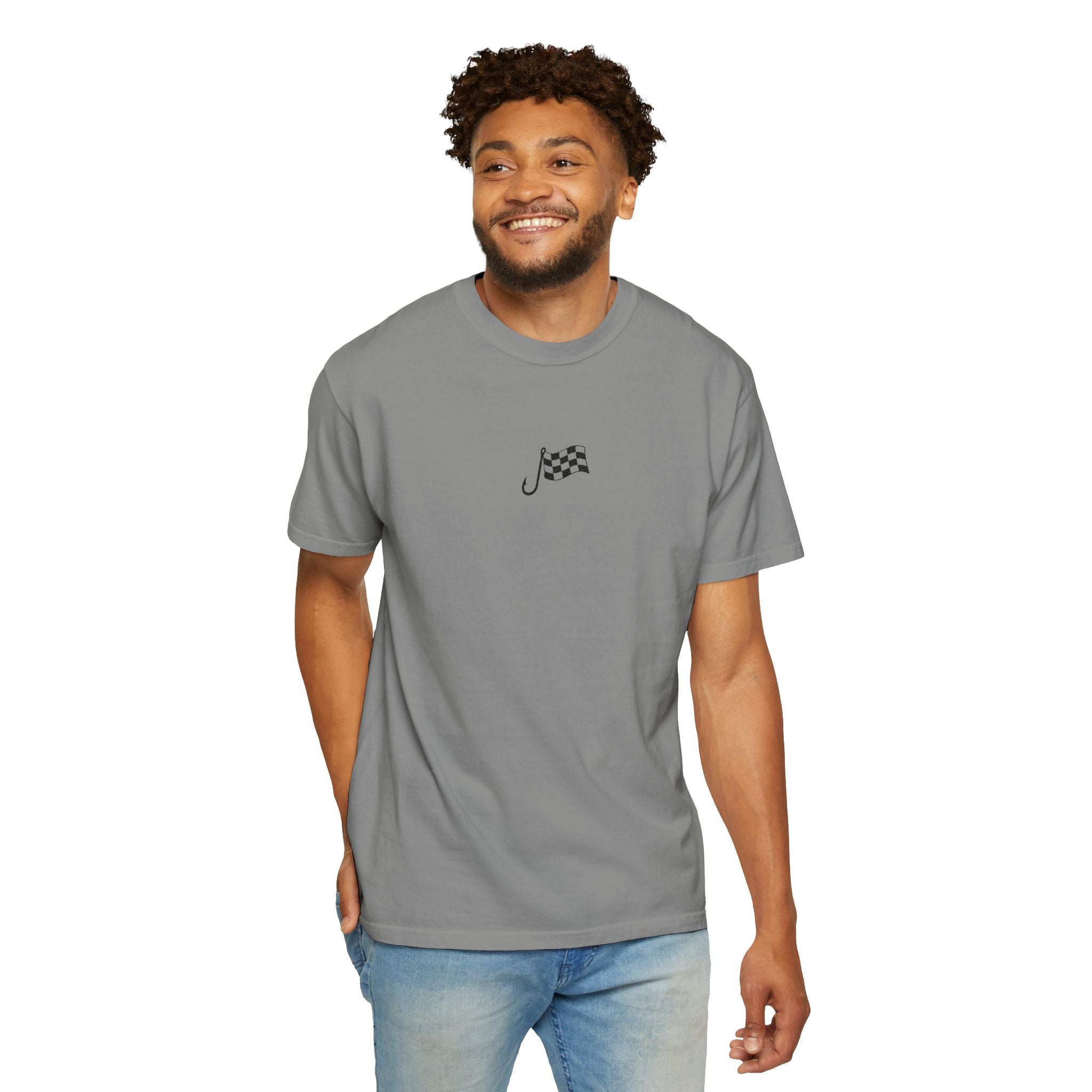 Racing Flag Minimalist T-Shirt — Small Chest Checkered Flag Graphic