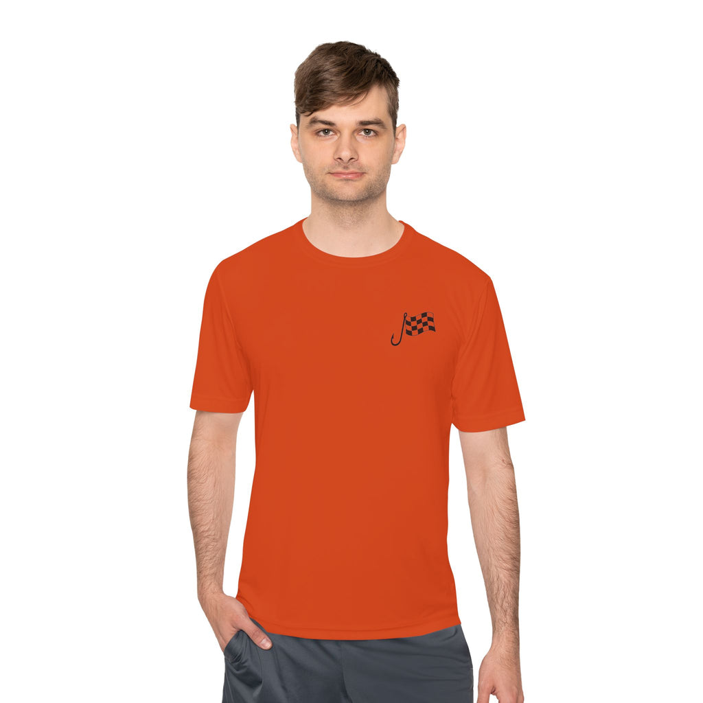 Racing Janitor Tee — "The Janitor" Moisture‑Wicking Crew Shirt with Checkered Flags