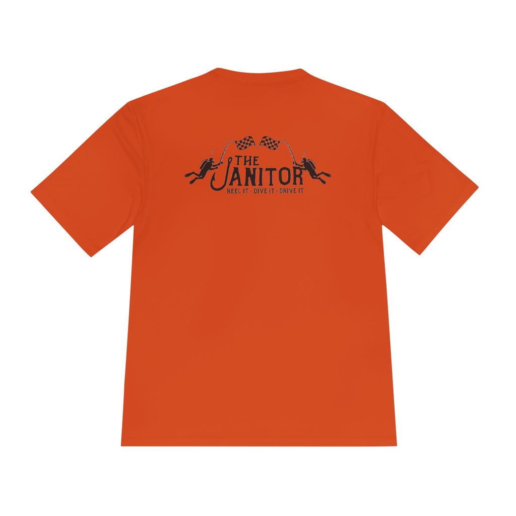 Racing Janitor Tee — "The Janitor" Moisture‑Wicking Crew Shirt with Checkered Flags