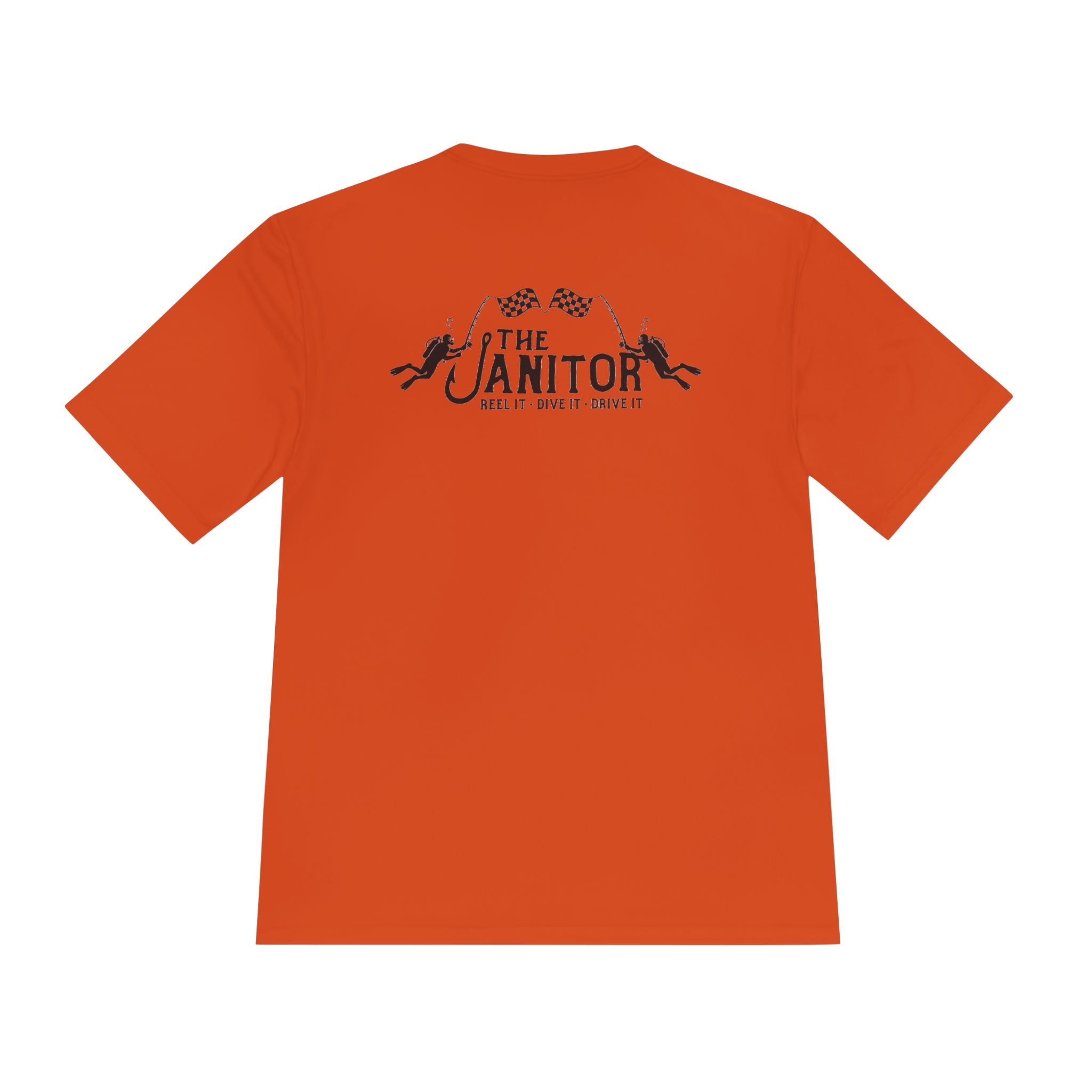 Racing Janitor Tee — "The Janitor" Moisture‑Wicking Crew Shirt with Checkered Flags