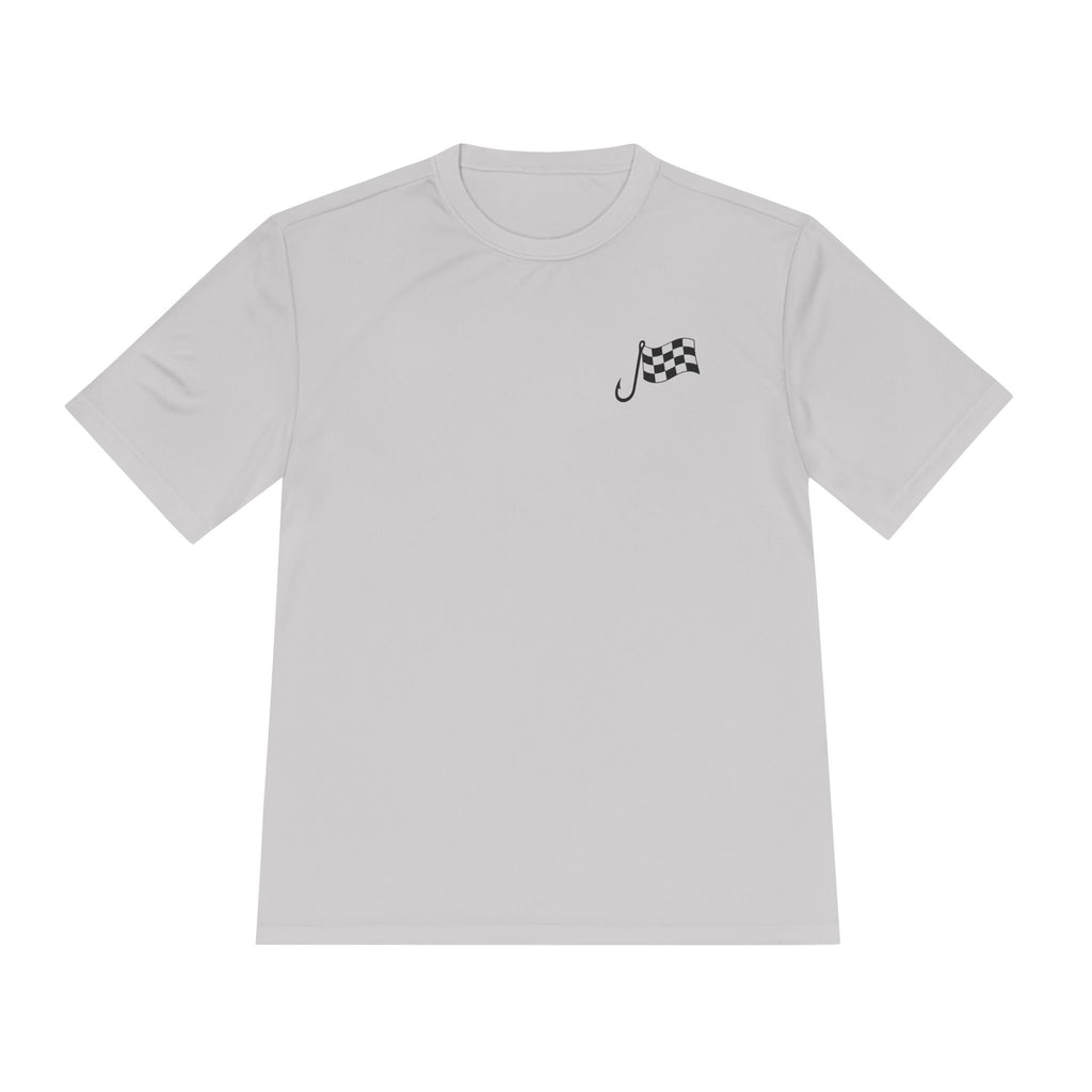 Racing Janitor Tee — "The Janitor" Moisture‑Wicking Crew Shirt with Checkered Flags