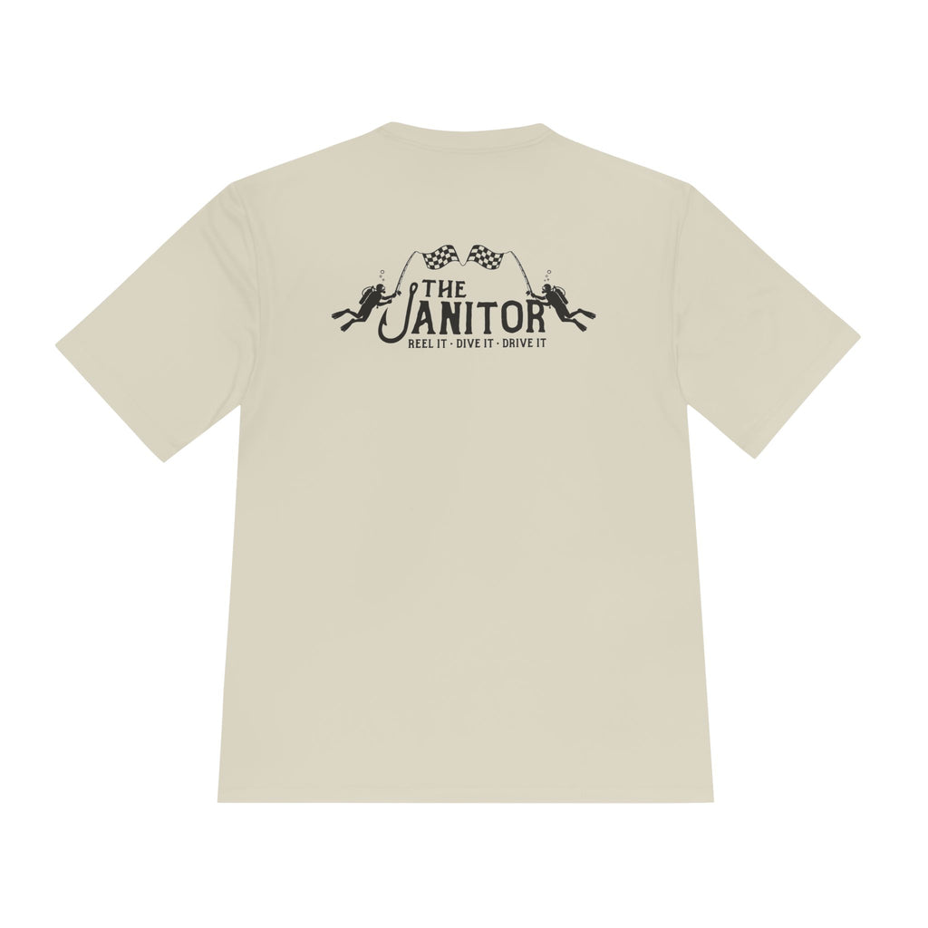 Racing Janitor Tee — "The Janitor" Moisture‑Wicking Crew Shirt with Checkered Flags