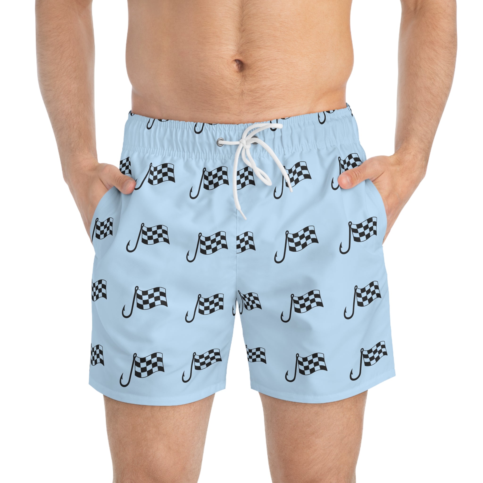 Checkered Flag Swim Trunks — Light Blue Racing Pattern