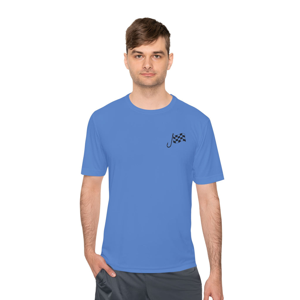 Racing Janitor Tee — "The Janitor" Moisture‑Wicking Crew Shirt with Checkered Flags