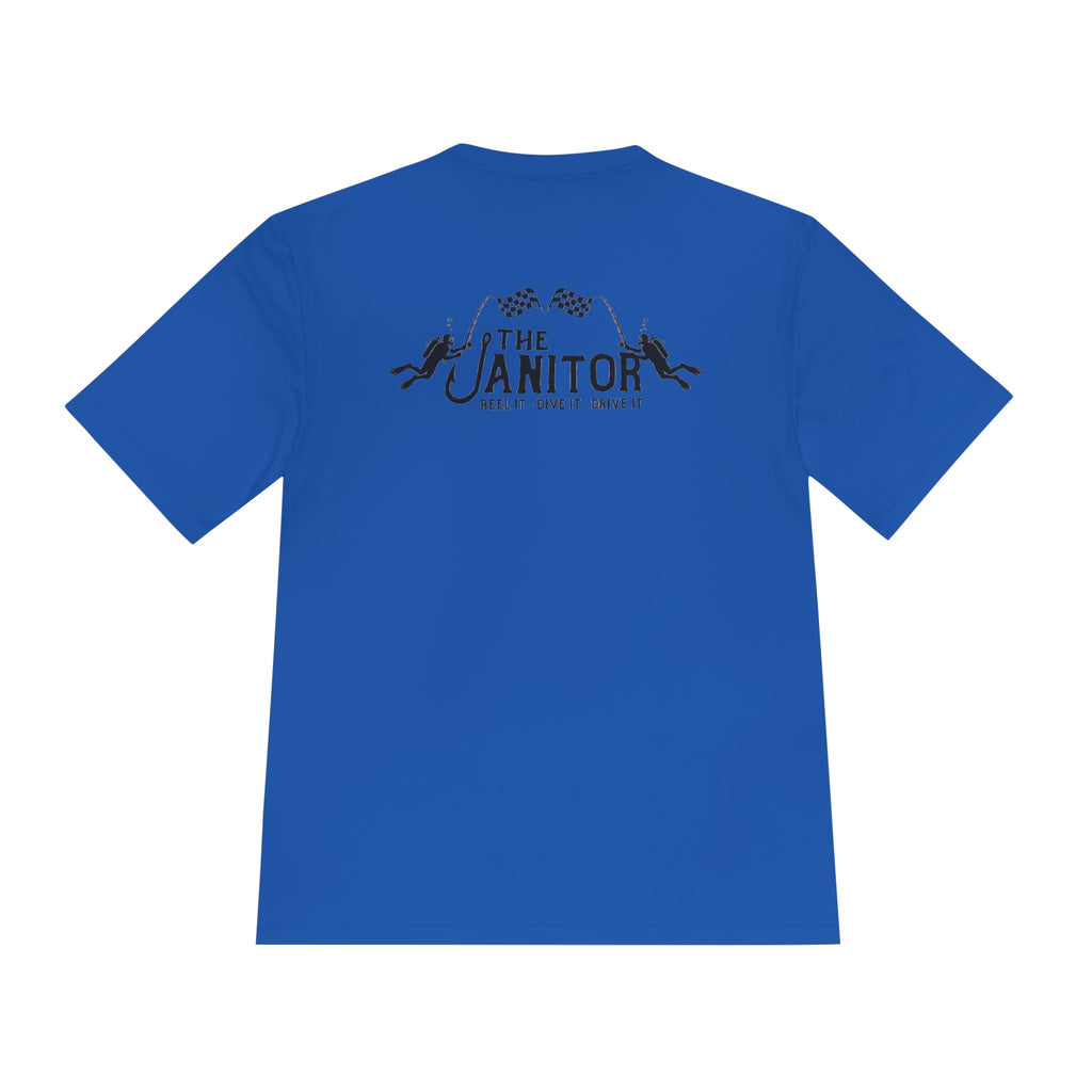 Racing Janitor Tee — "The Janitor" Moisture‑Wicking Crew Shirt with Checkered Flags