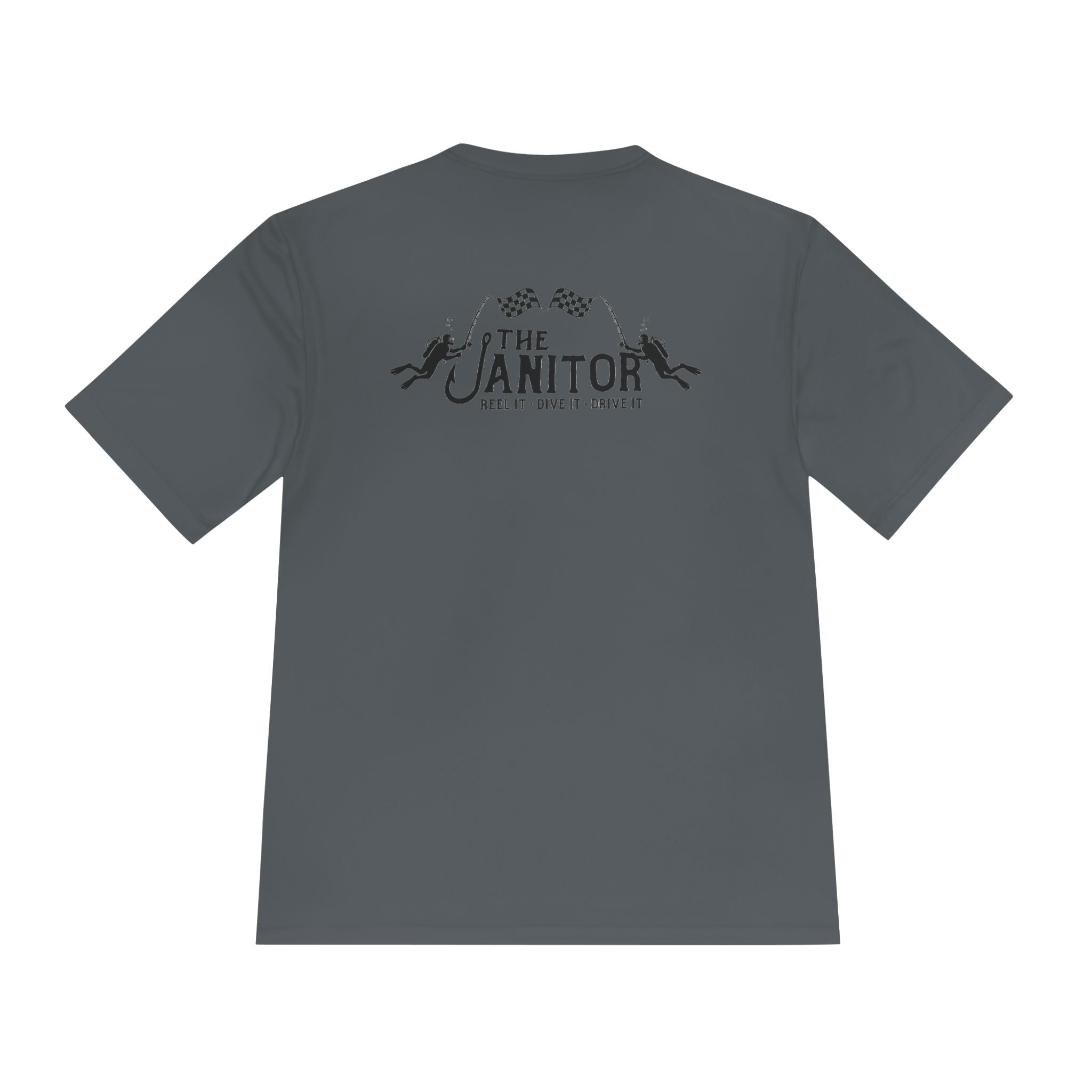 Racing Janitor Tee — "The Janitor" Moisture‑Wicking Crew Shirt with Checkered Flags