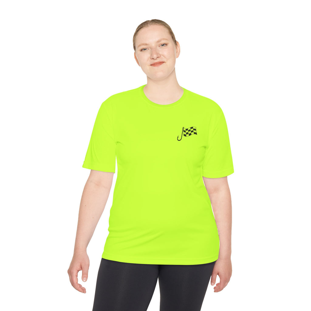 Racing Janitor Tee — "The Janitor" Moisture‑Wicking Crew Shirt with Checkered Flags