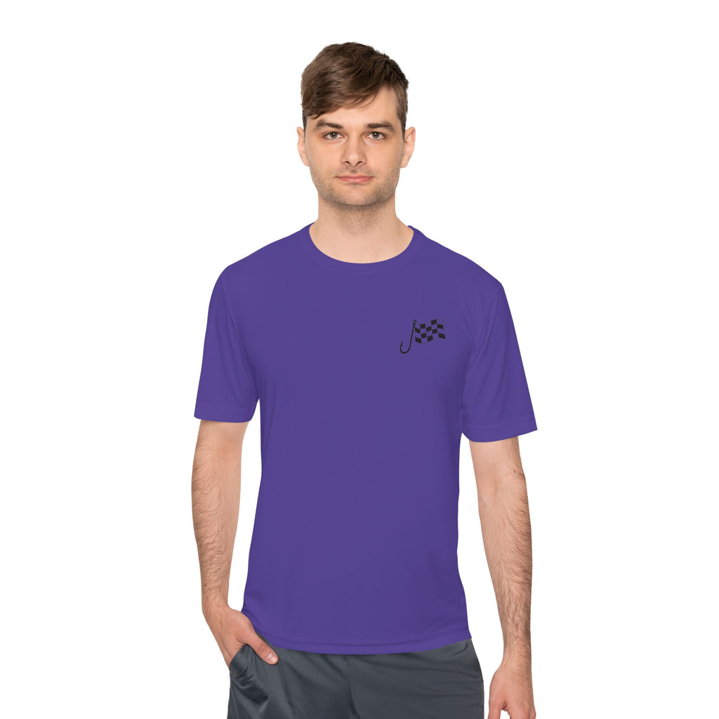 Racing Janitor Tee — "The Janitor" Moisture‑Wicking Crew Shirt with Checkered Flags