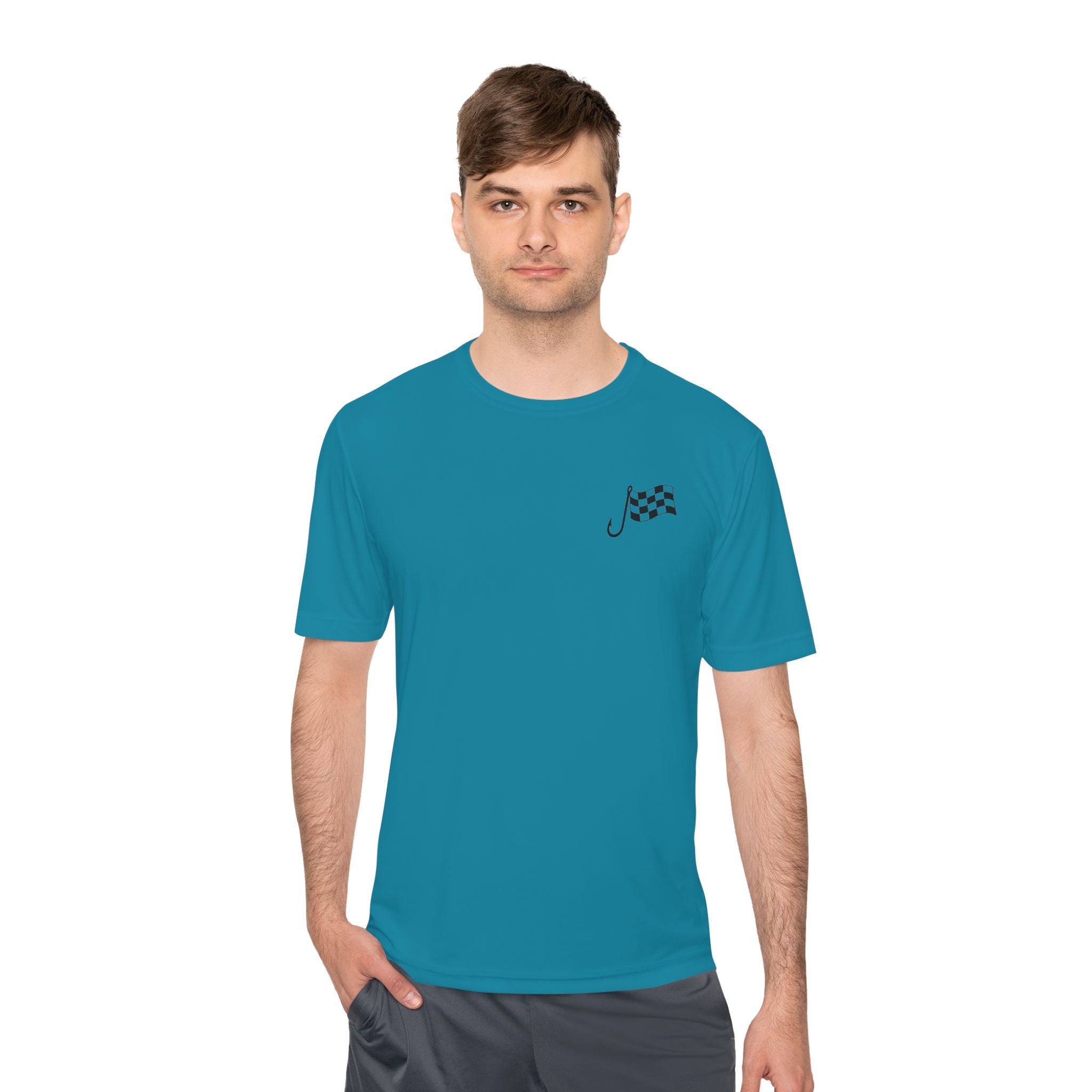 Racing Janitor Tee — "The Janitor" Moisture‑Wicking Crew Shirt with Checkered Flags