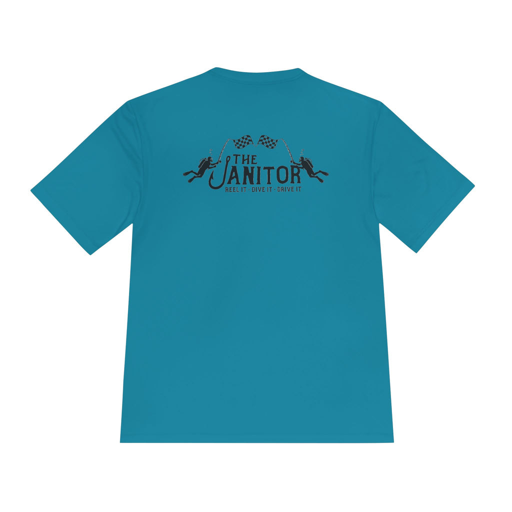 Racing Janitor Tee — "The Janitor" Moisture‑Wicking Crew Shirt with Checkered Flags