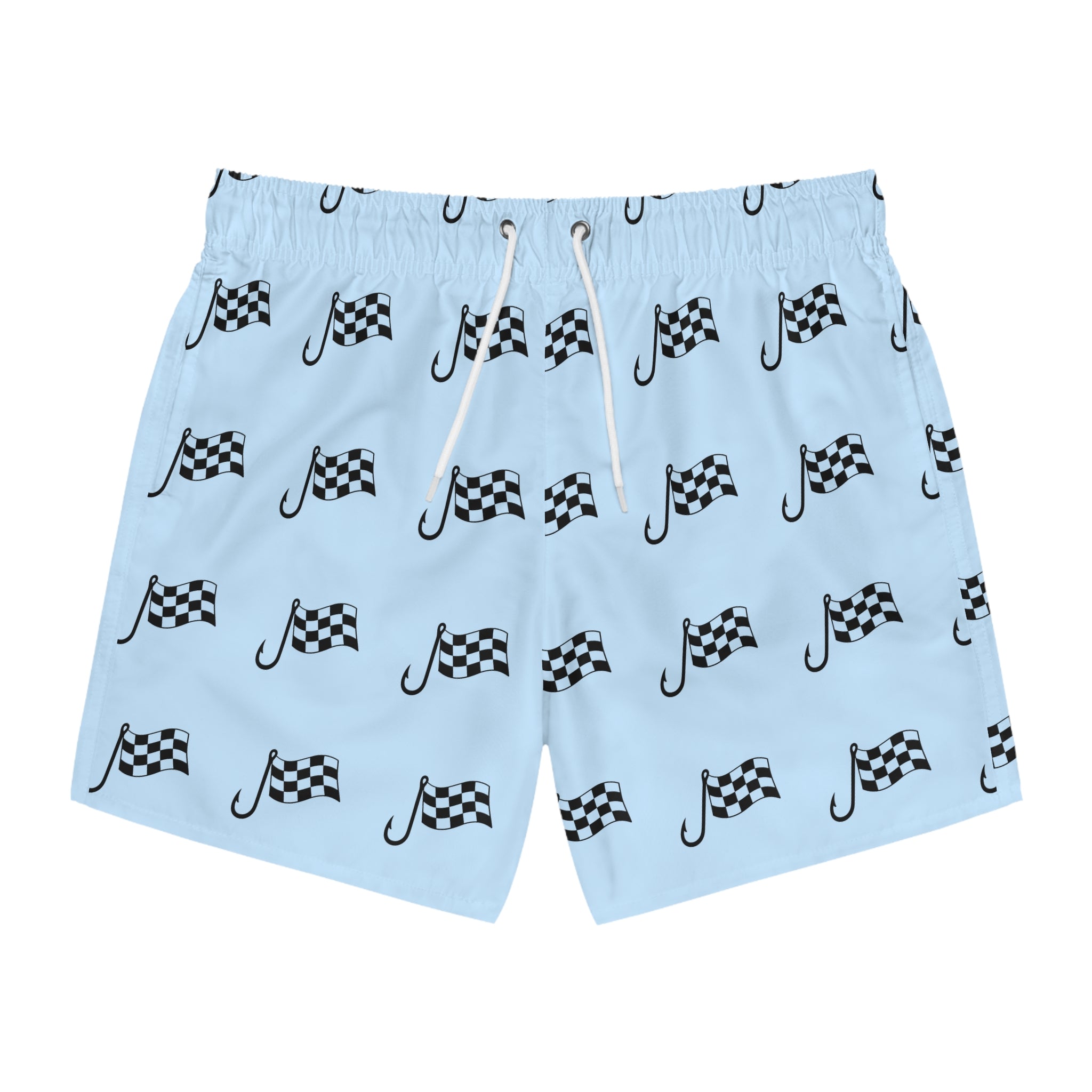 Checkered Flag Swim Trunks — Light Blue Racing Pattern