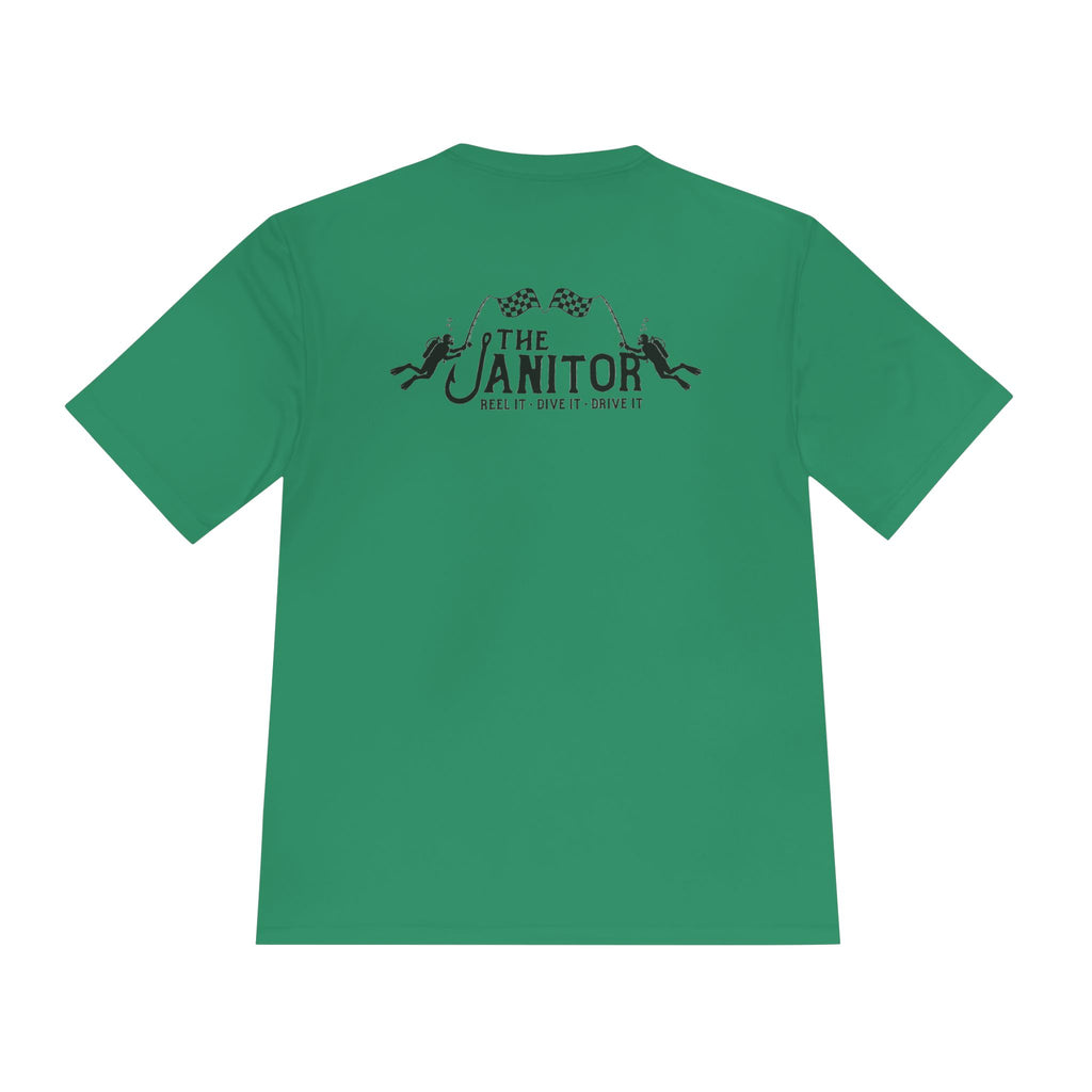 Racing Janitor Tee — "The Janitor" Moisture‑Wicking Crew Shirt with Checkered Flags