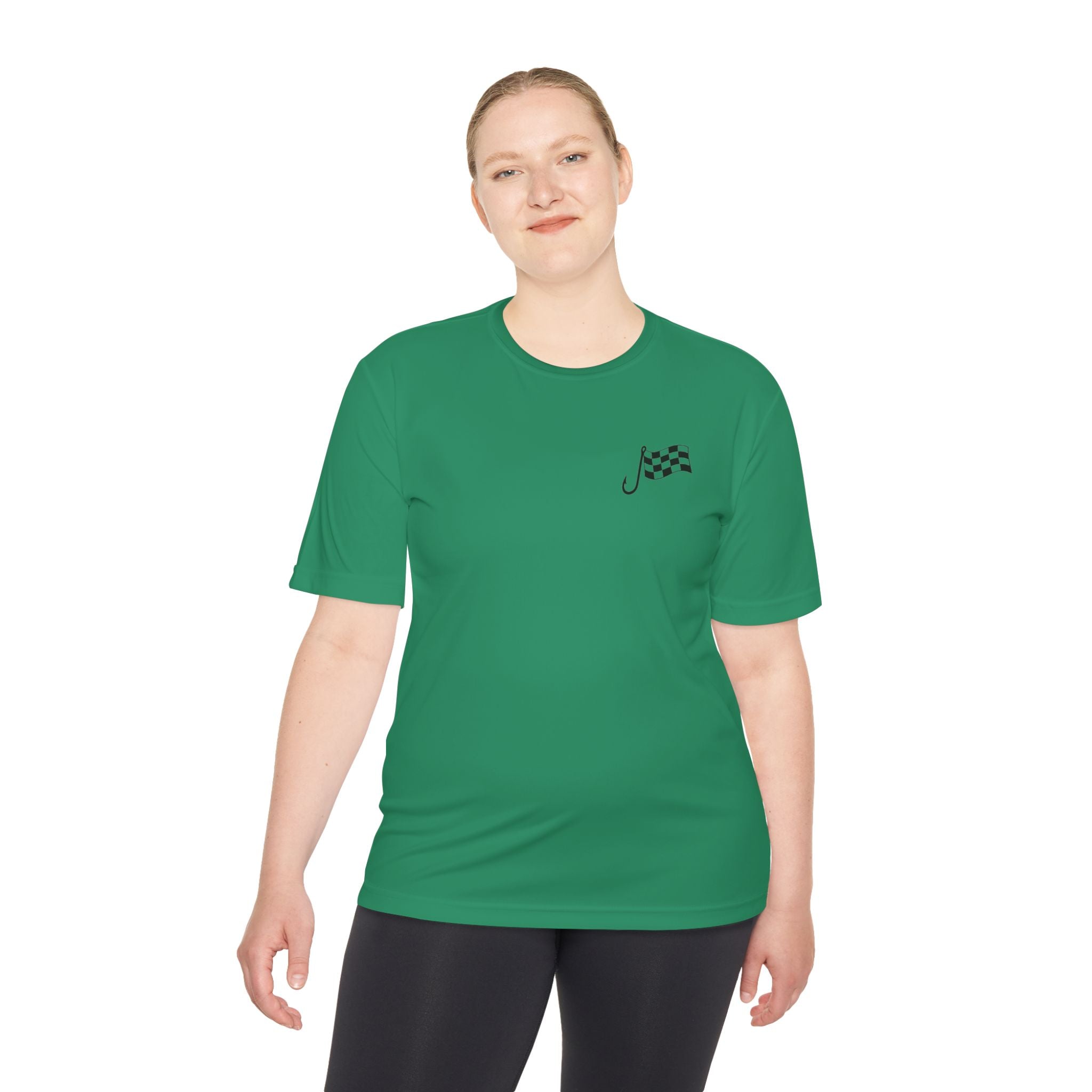 Racing Janitor Tee — "The Janitor" Moisture‑Wicking Crew Shirt with Checkered Flags