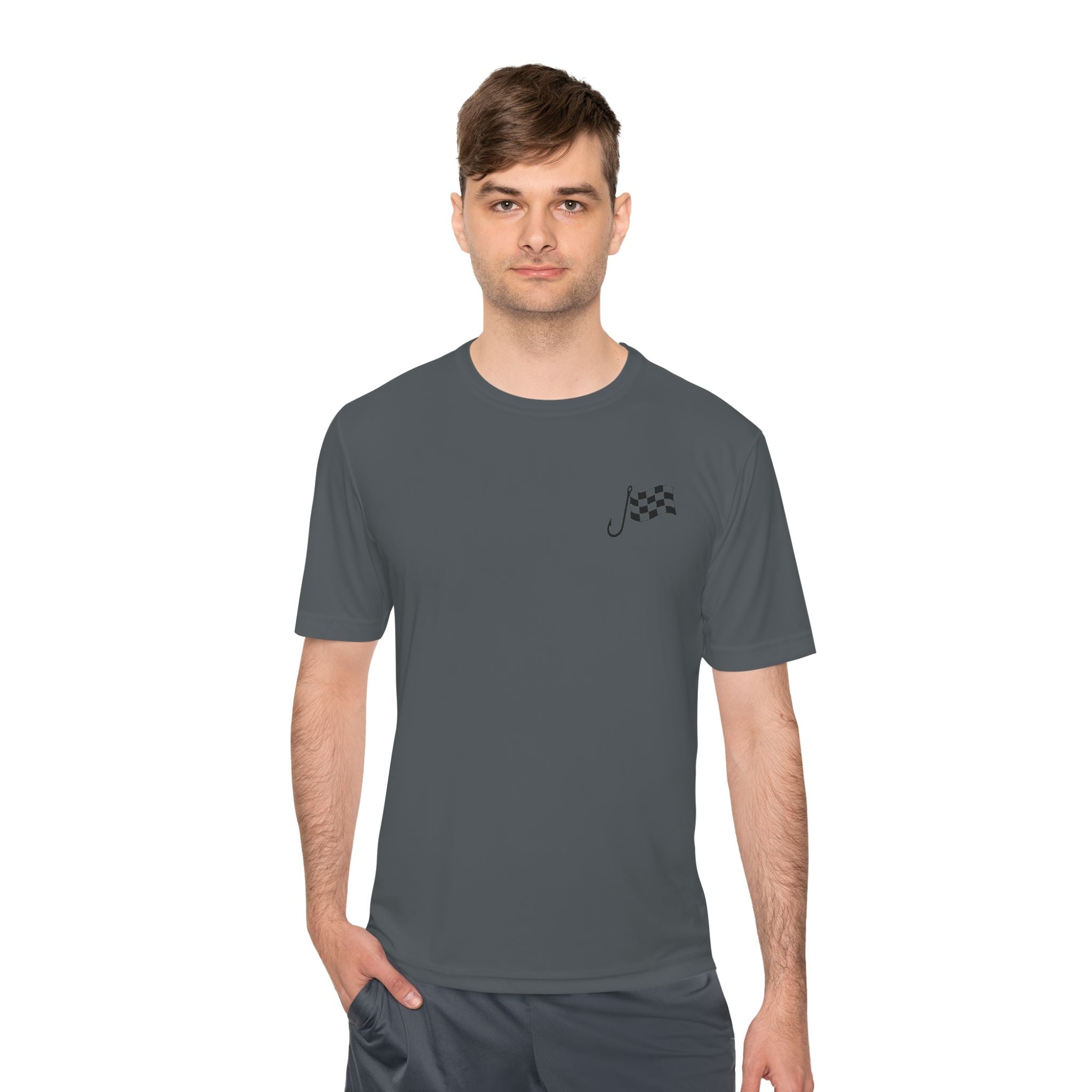 Racing Janitor Tee — "The Janitor" Moisture‑Wicking Crew Shirt with Checkered Flags