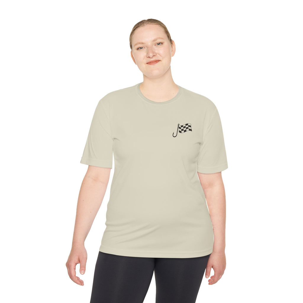 Racing Janitor Tee — "The Janitor" Moisture‑Wicking Crew Shirt with Checkered Flags
