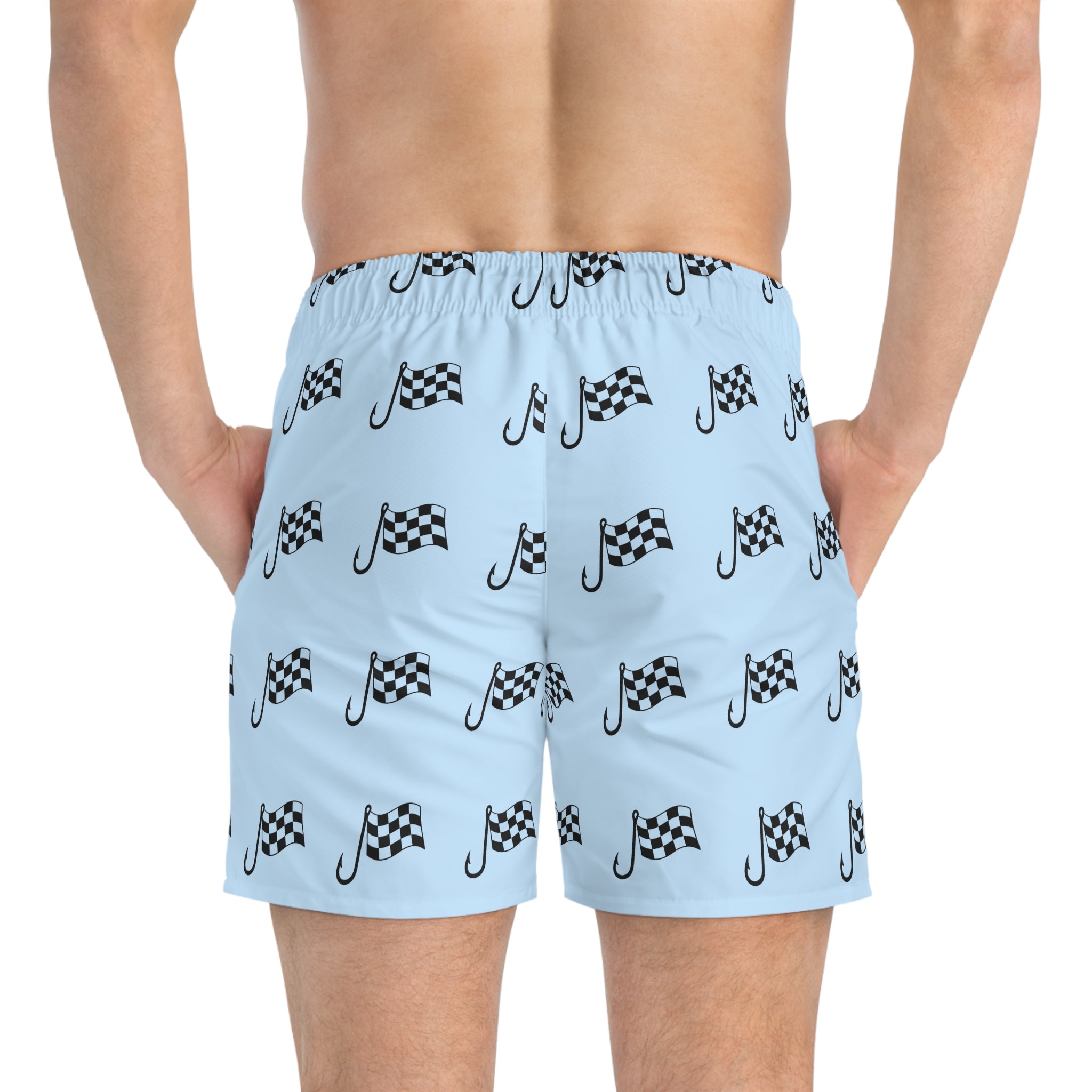Checkered Flag Swim Trunks — Light Blue Racing Pattern