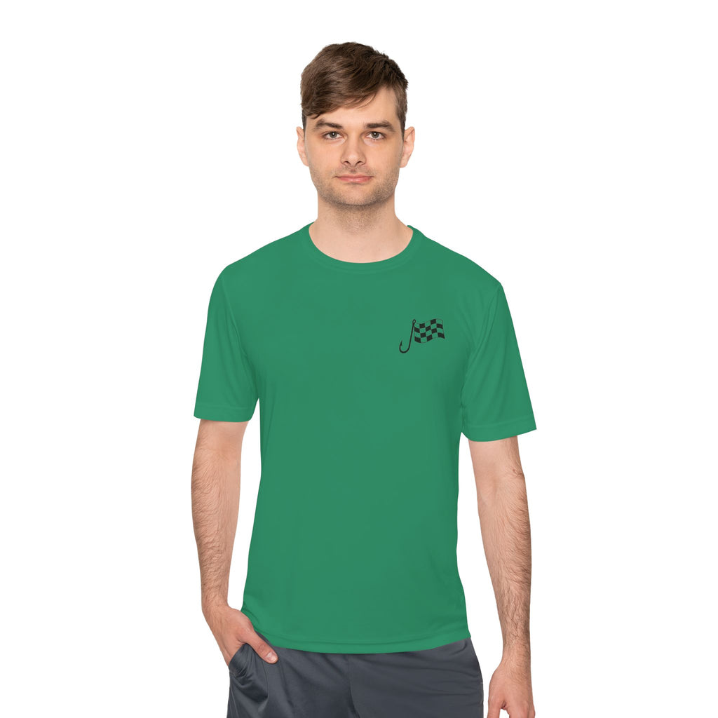 Racing Janitor Tee — "The Janitor" Moisture‑Wicking Crew Shirt with Checkered Flags