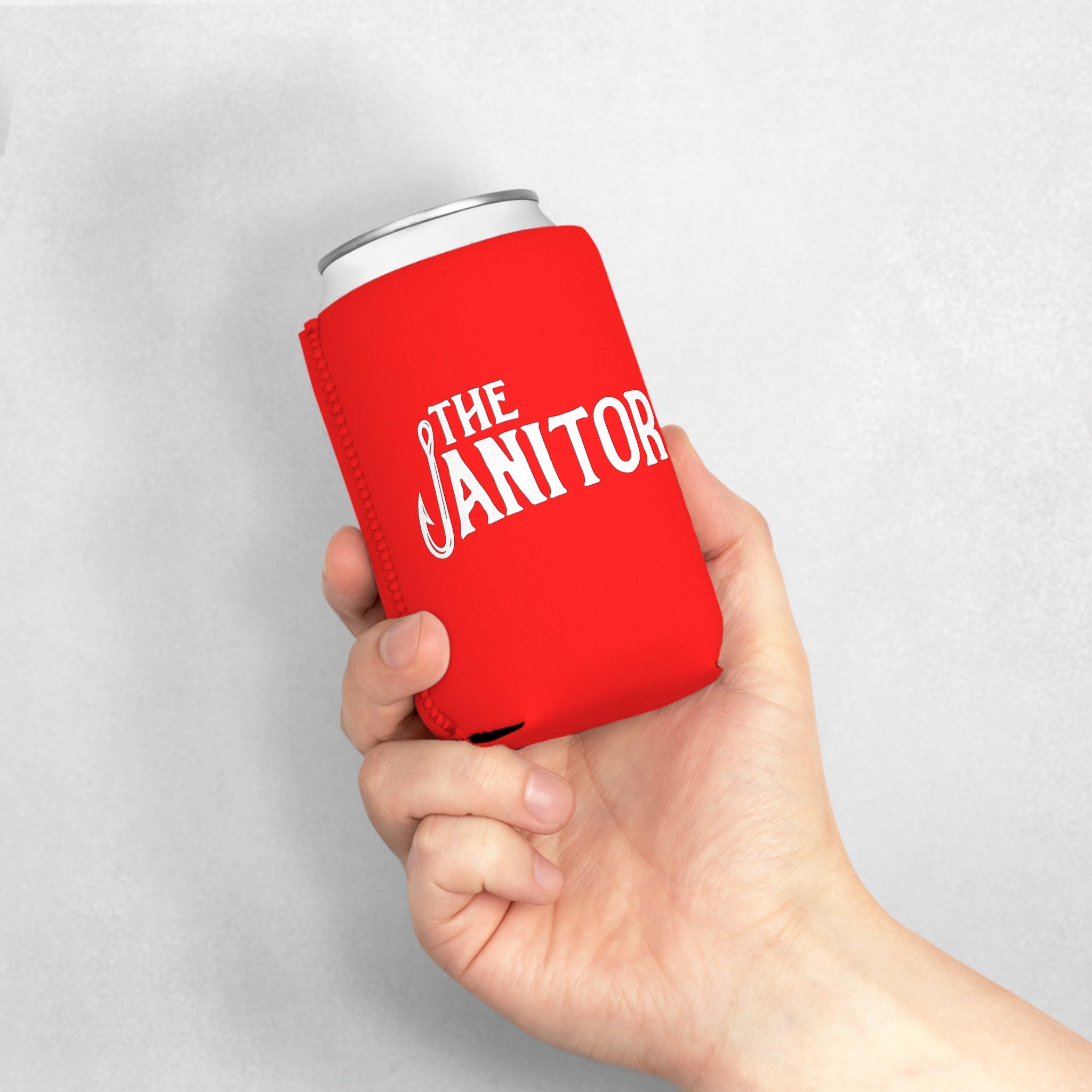 The Janitor Can Cooler Sleeve — Funny Red Beverage Koozie for Janitors, Gifts for Maintenance Workers