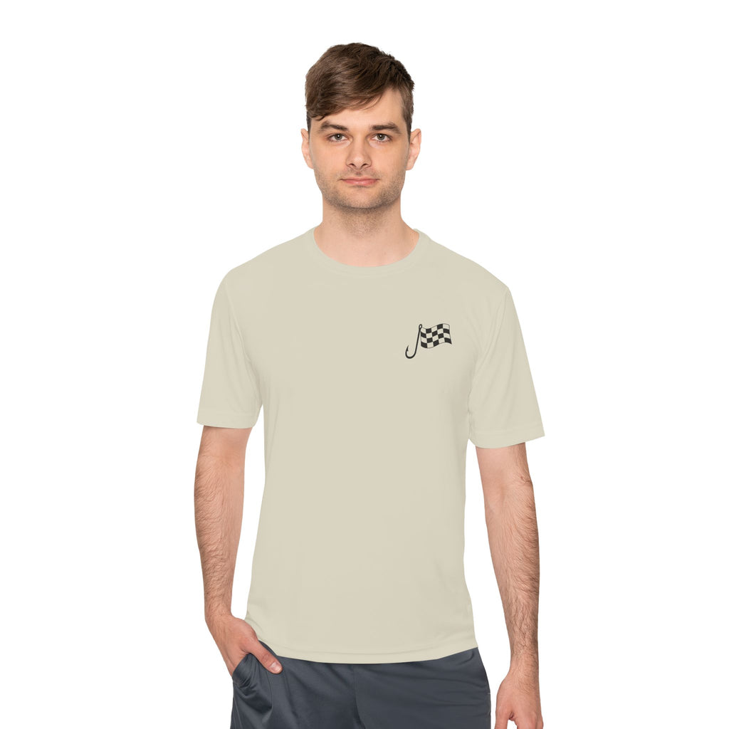 Racing Janitor Tee — "The Janitor" Moisture‑Wicking Crew Shirt with Checkered Flags