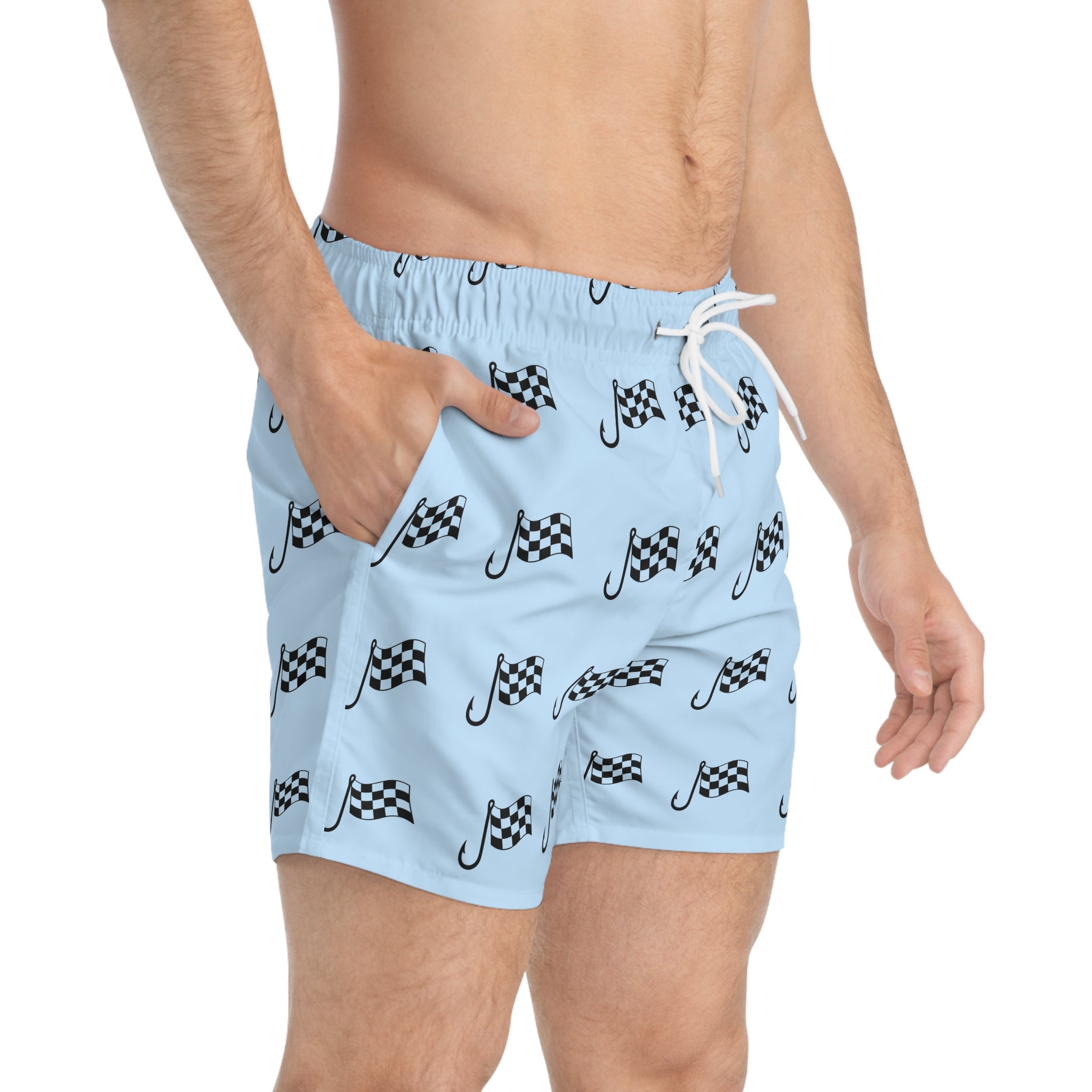 Checkered Flag Swim Trunks — Light Blue Racing Pattern