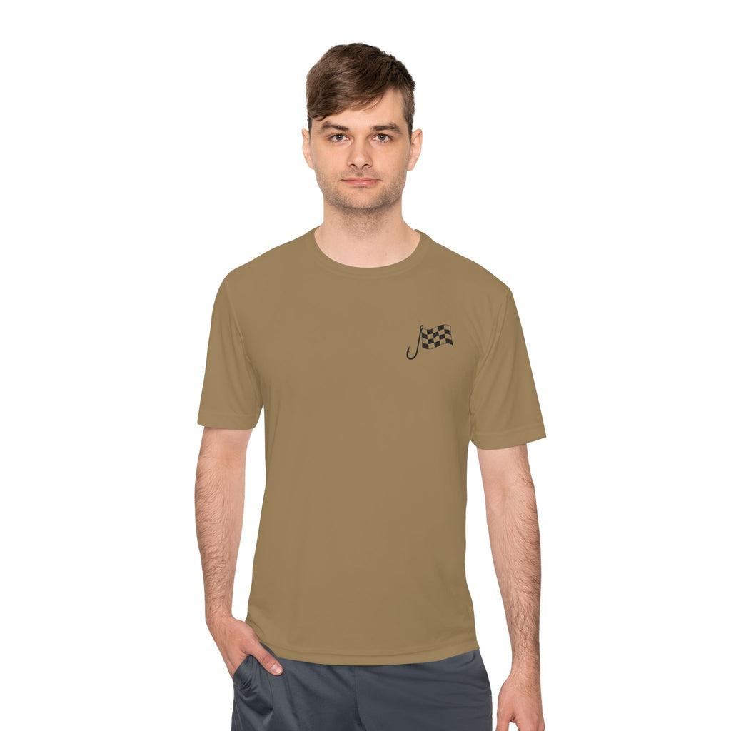 Racing Janitor Tee — "The Janitor" Moisture‑Wicking Crew Shirt with Checkered Flags