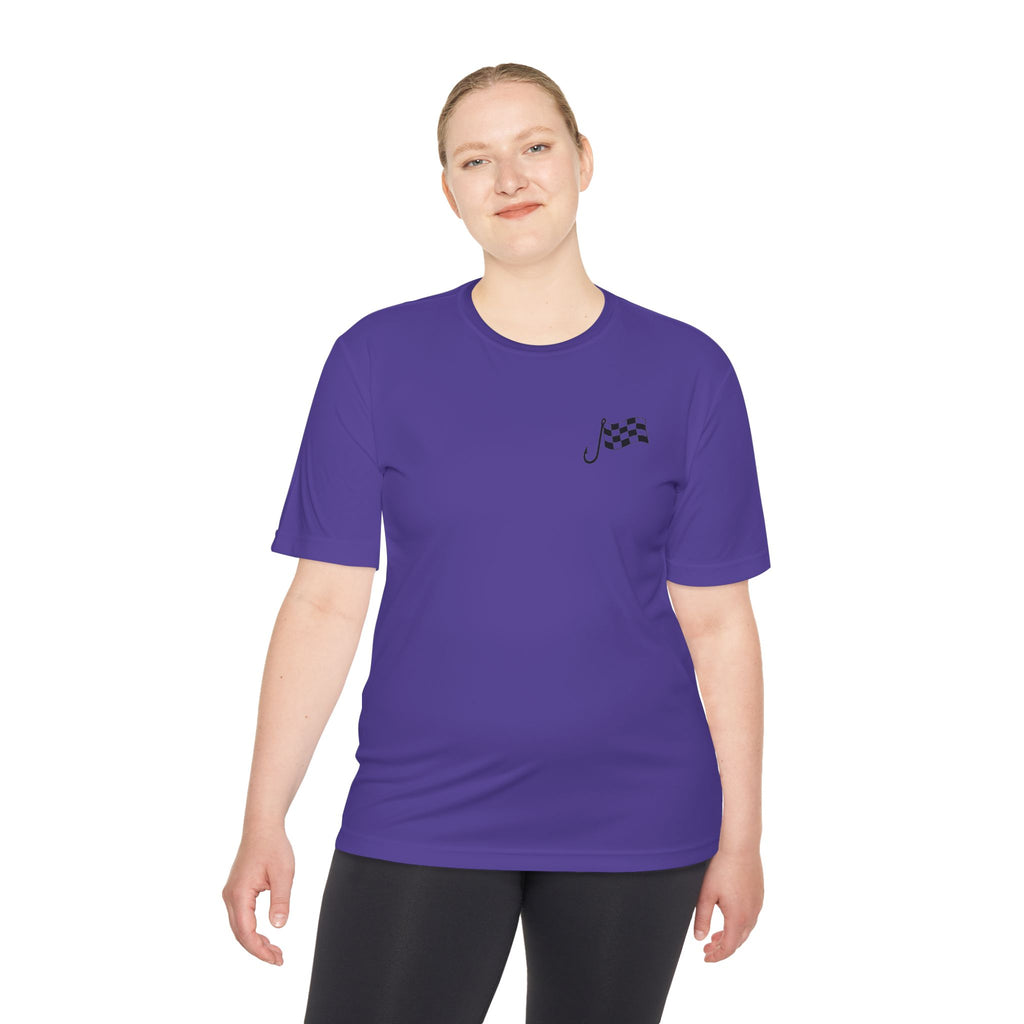 Racing Janitor Tee — "The Janitor" Moisture‑Wicking Crew Shirt with Checkered Flags