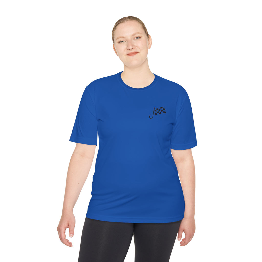 Racing Janitor Tee — "The Janitor" Moisture‑Wicking Crew Shirt with Checkered Flags