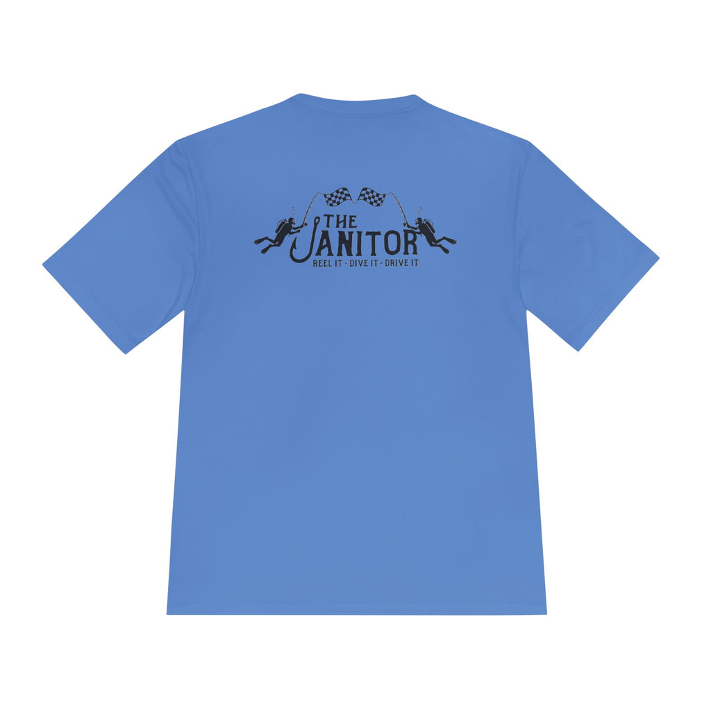 Racing Janitor Tee — "The Janitor" Moisture‑Wicking Crew Shirt with Checkered Flags
