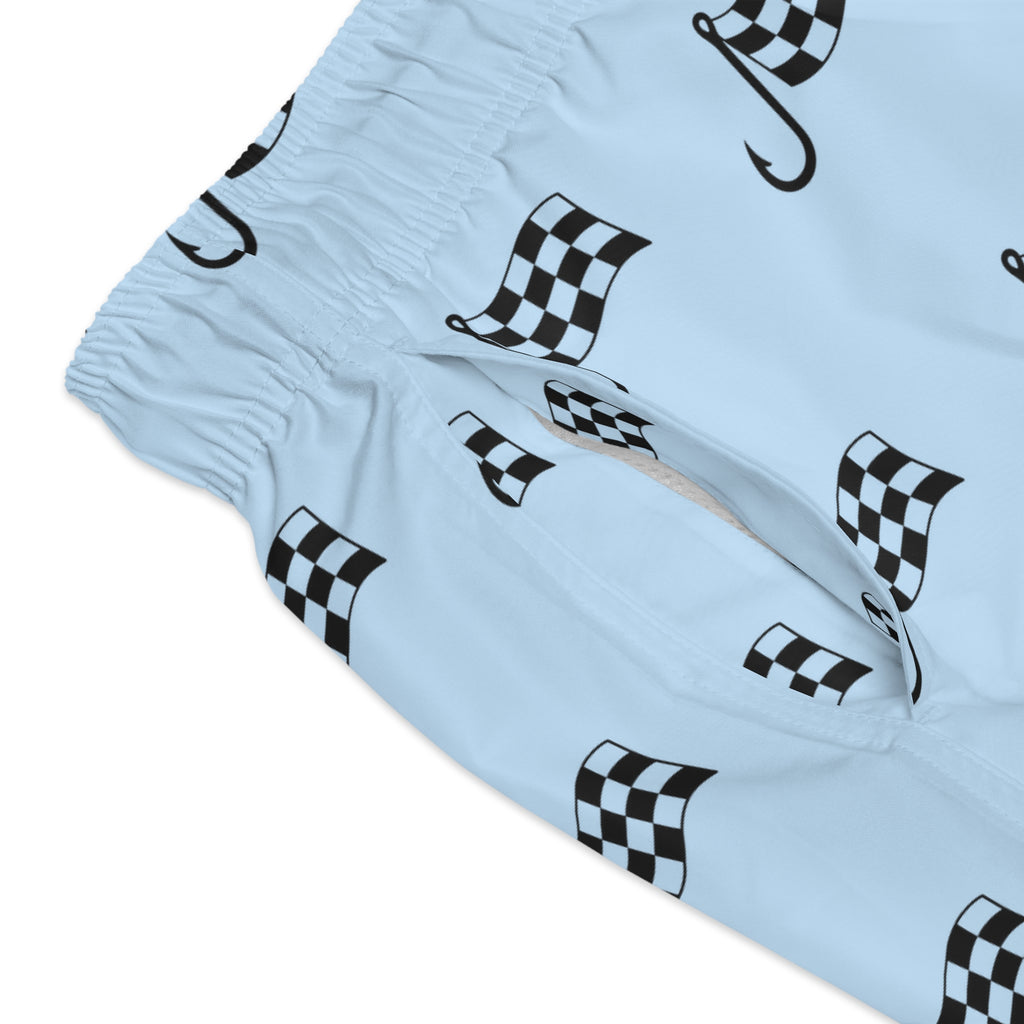Checkered Flag Swim Trunks — Light Blue Racing Pattern