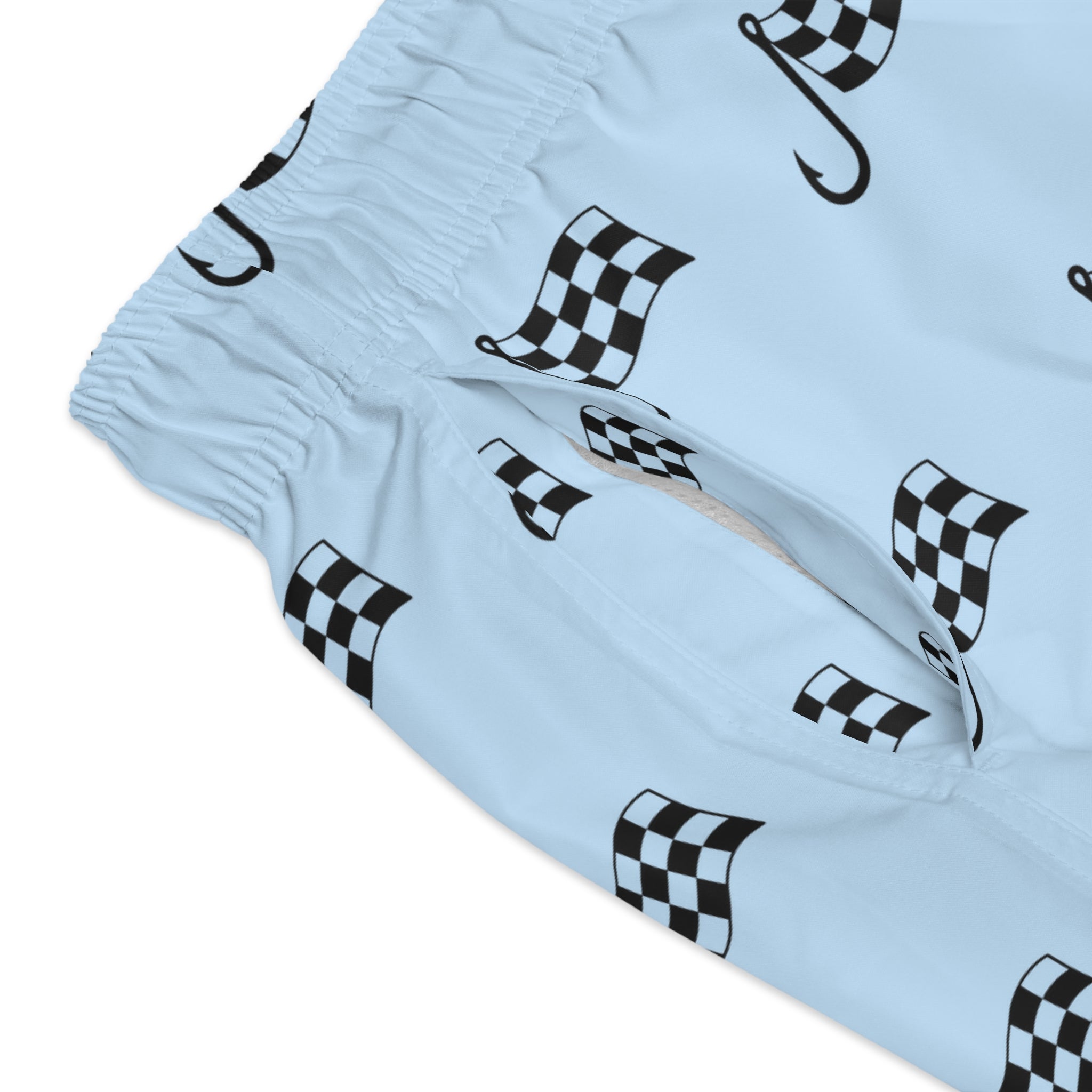 Checkered Flag Swim Trunks — Light Blue Racing Pattern