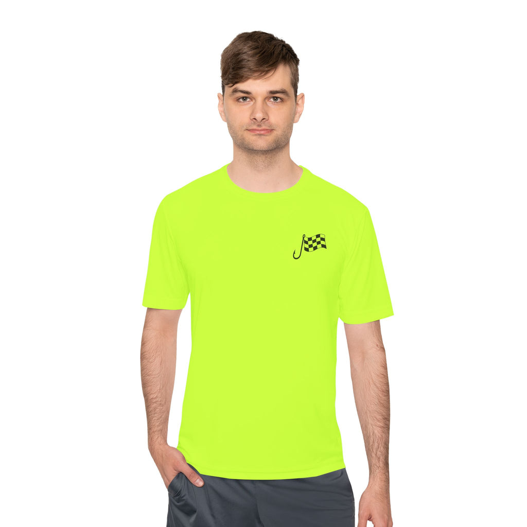 Racing Janitor Tee — "The Janitor" Moisture‑Wicking Crew Shirt with Checkered Flags