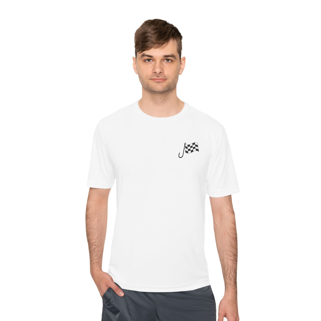 Racing Janitor Tee — "The Janitor" Moisture‑Wicking Crew Shirt with Checkered Flags