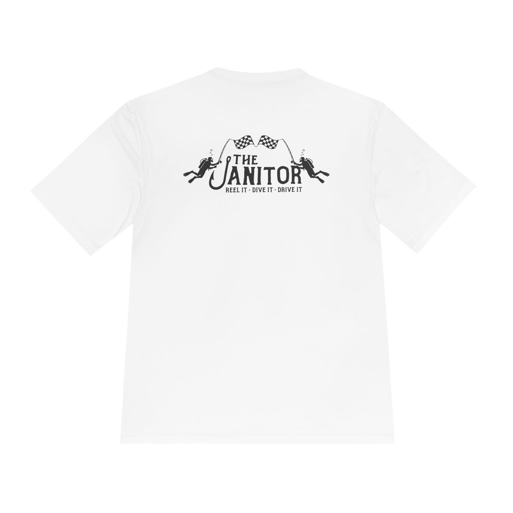 Racing Janitor Tee — "The Janitor" Moisture‑Wicking Crew Shirt with Checkered Flags