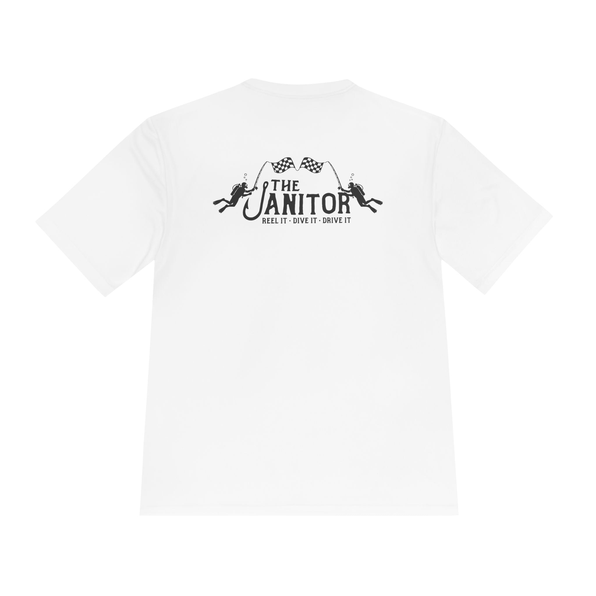 Racing Janitor Tee — "The Janitor" Moisture‑Wicking Crew Shirt with Checkered Flags